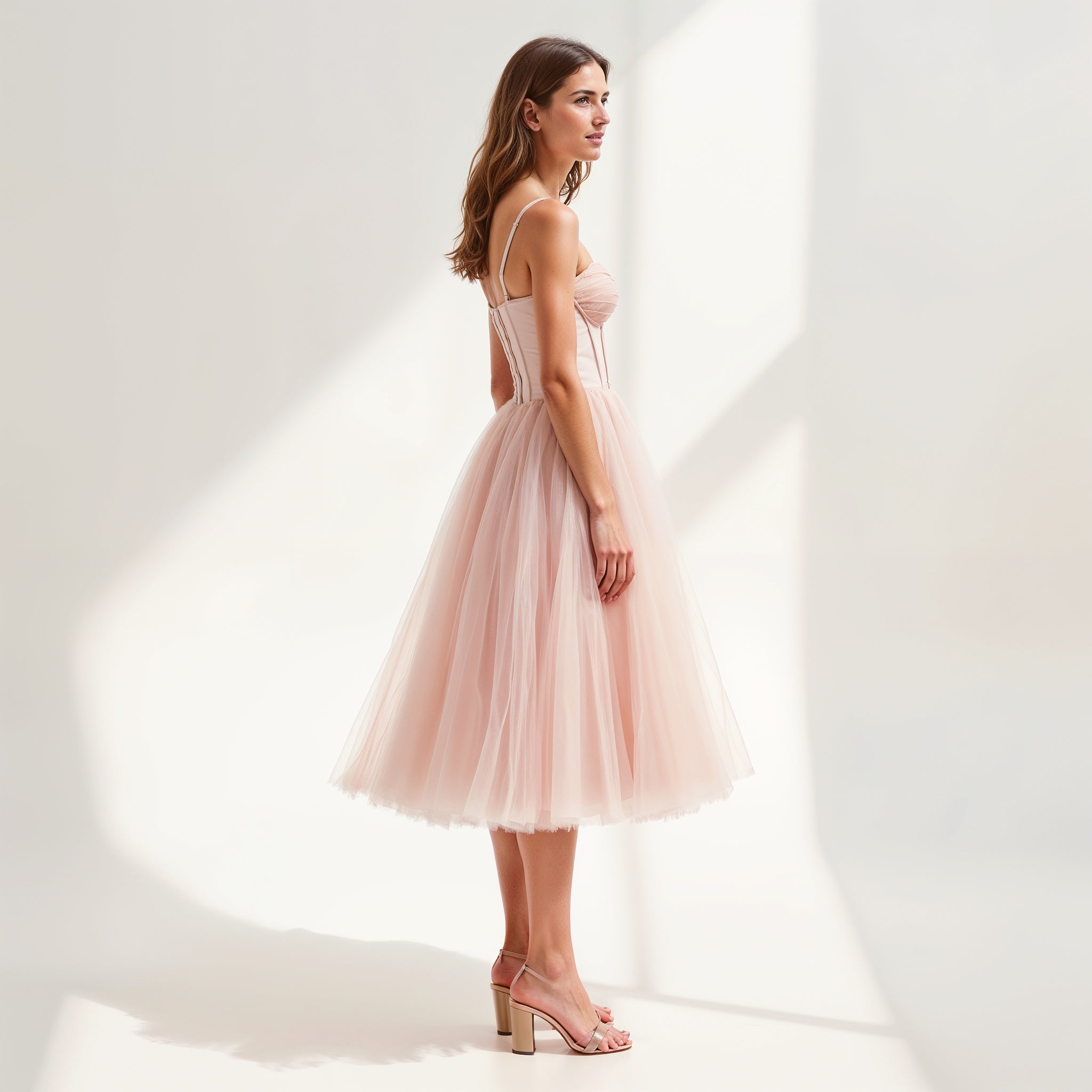 Strapless Tulle Midi Dress with Corset Bodice