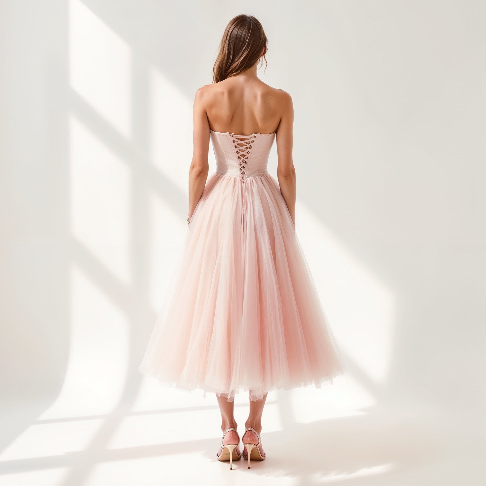 Strapless Tulle Midi Dress with Corset Bodice