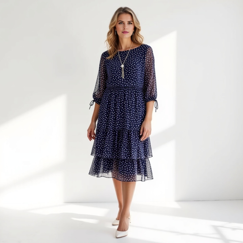 Sheer Sleeve Tiered Polka Dot Dress