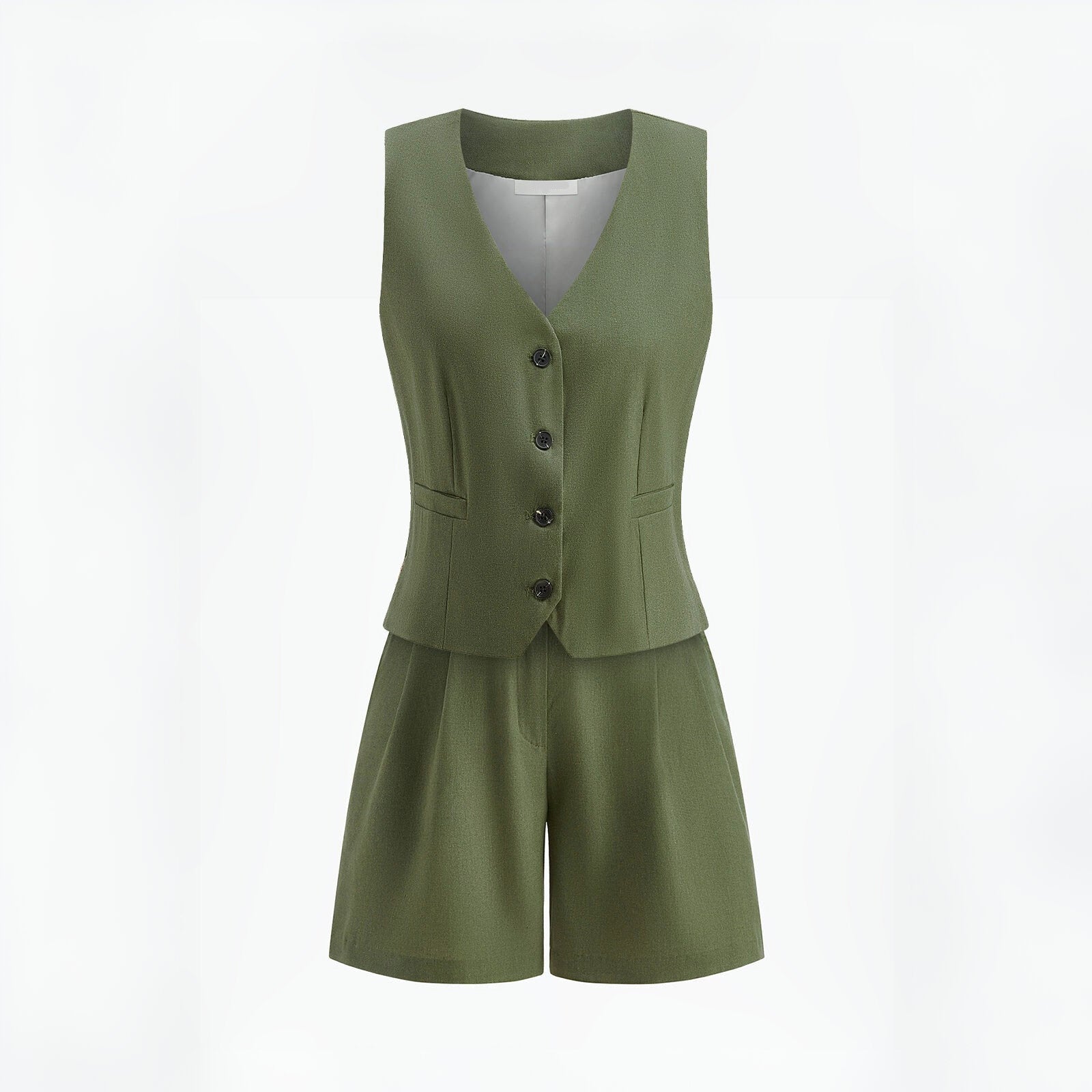 V-Neck Buttoned Shorts Set with Belt