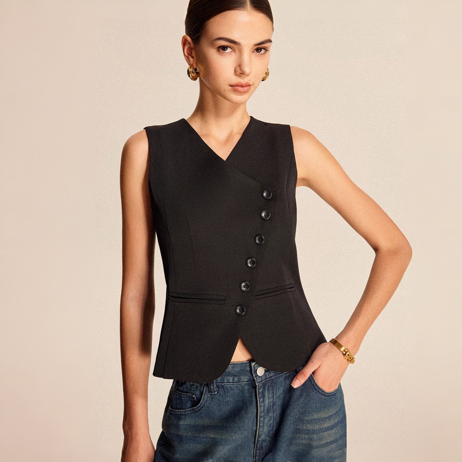 V-Neck Buttoned Vest