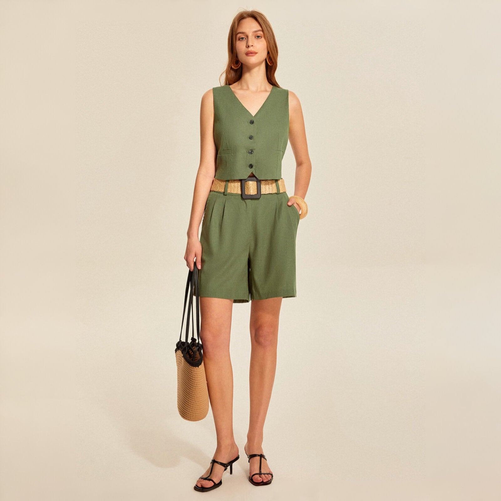 V-Neck Buttoned Shorts Set with Belt