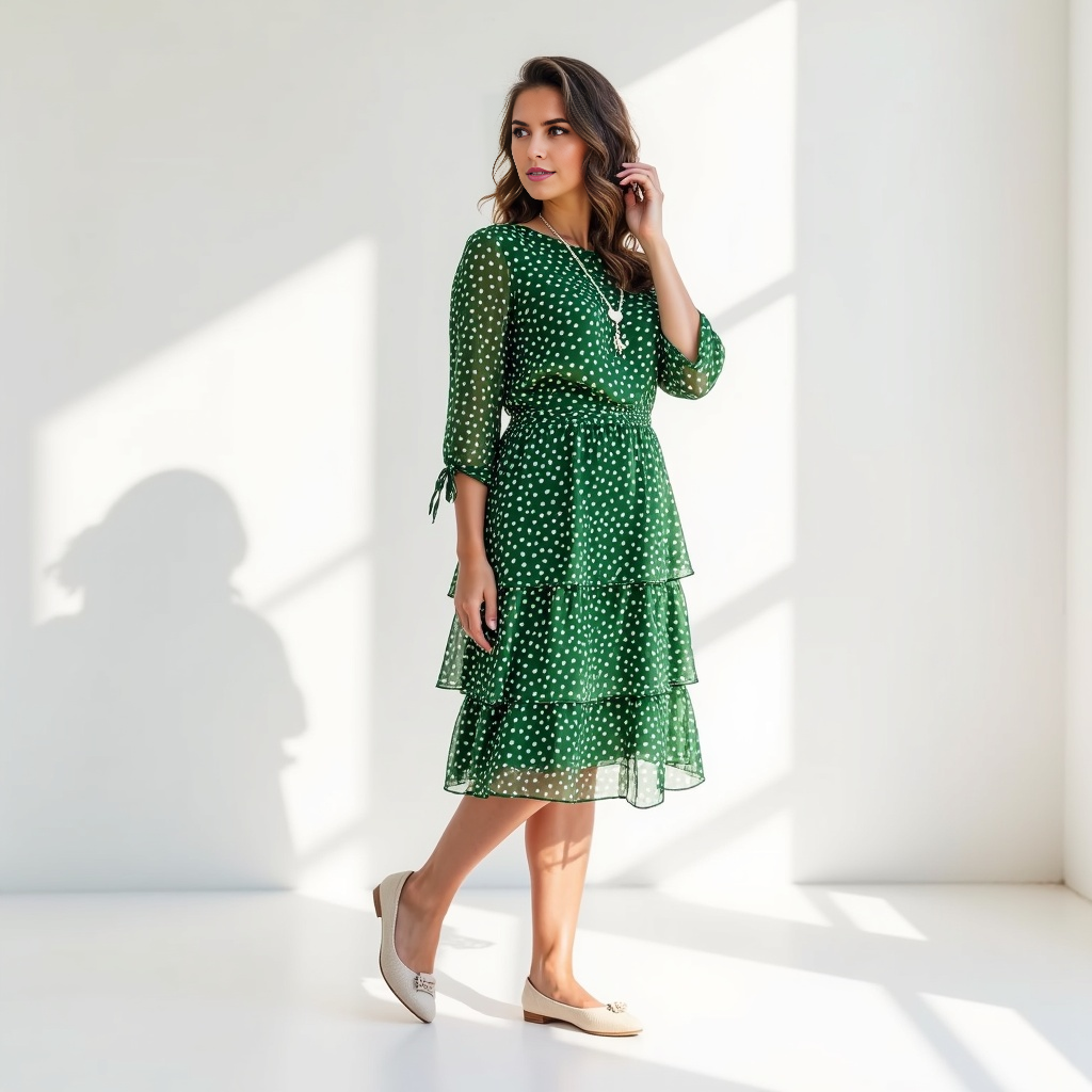 Sheer Sleeve Tiered Polka Dot Dress