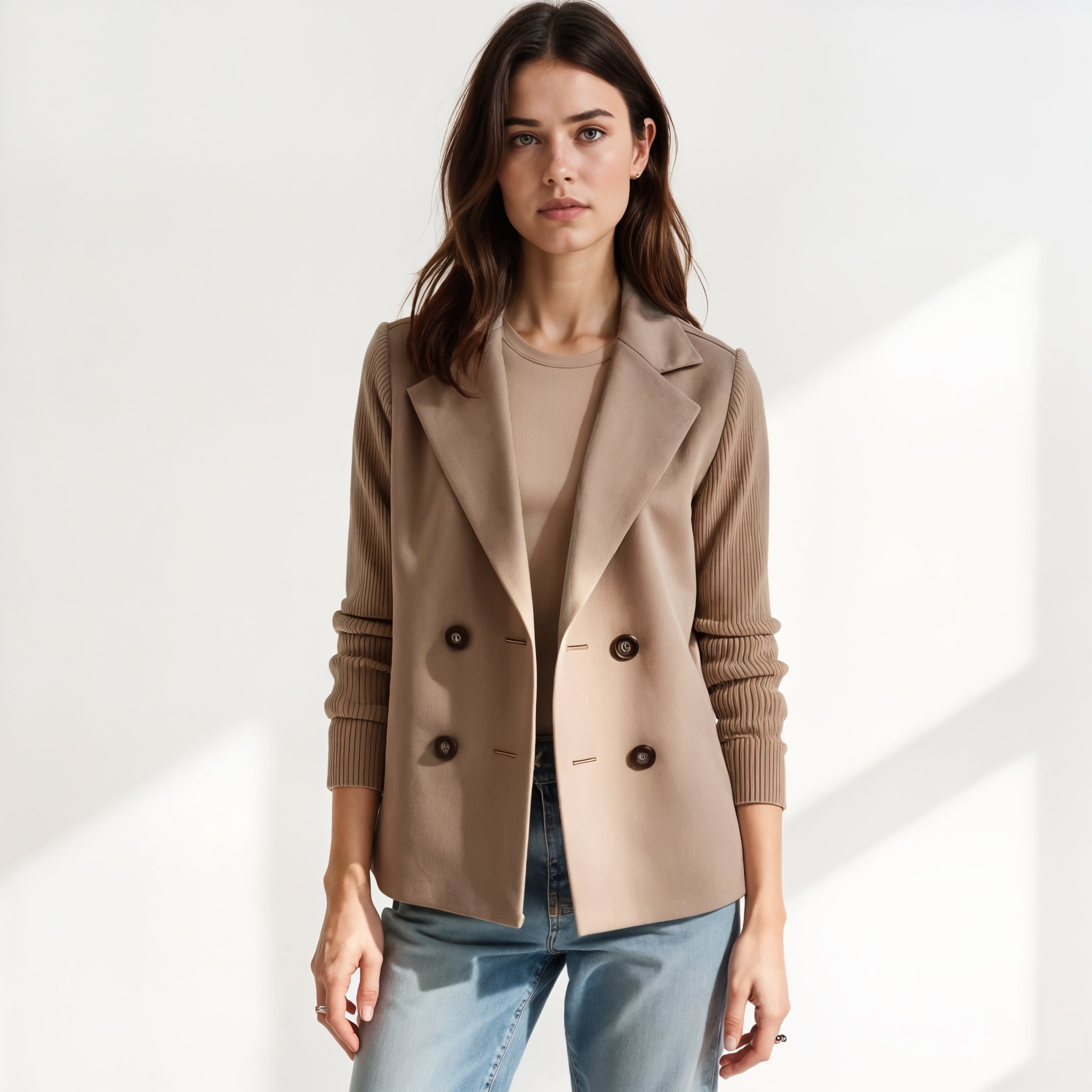 Knit Sleeve Double-Breasted Blazer
