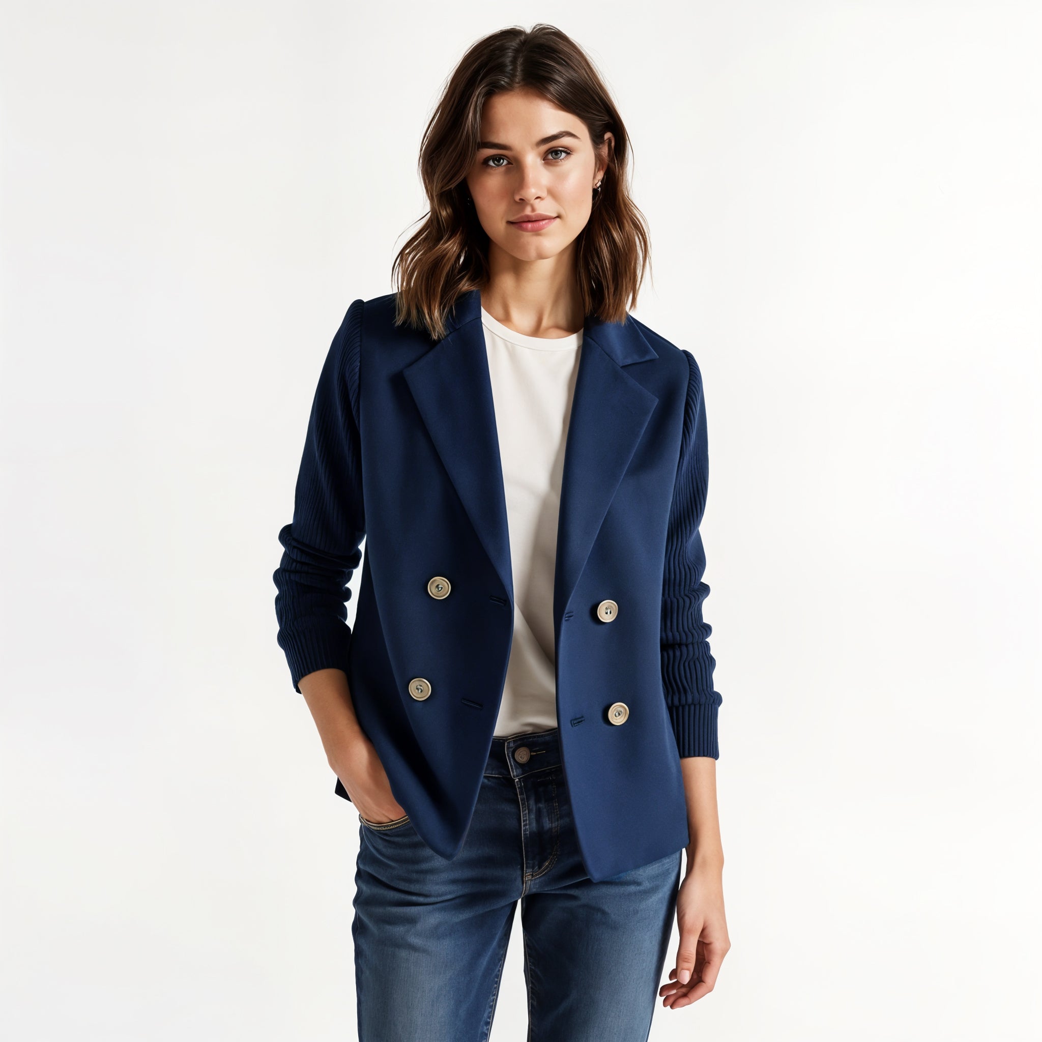 Knit Sleeve Double-Breasted Blazer