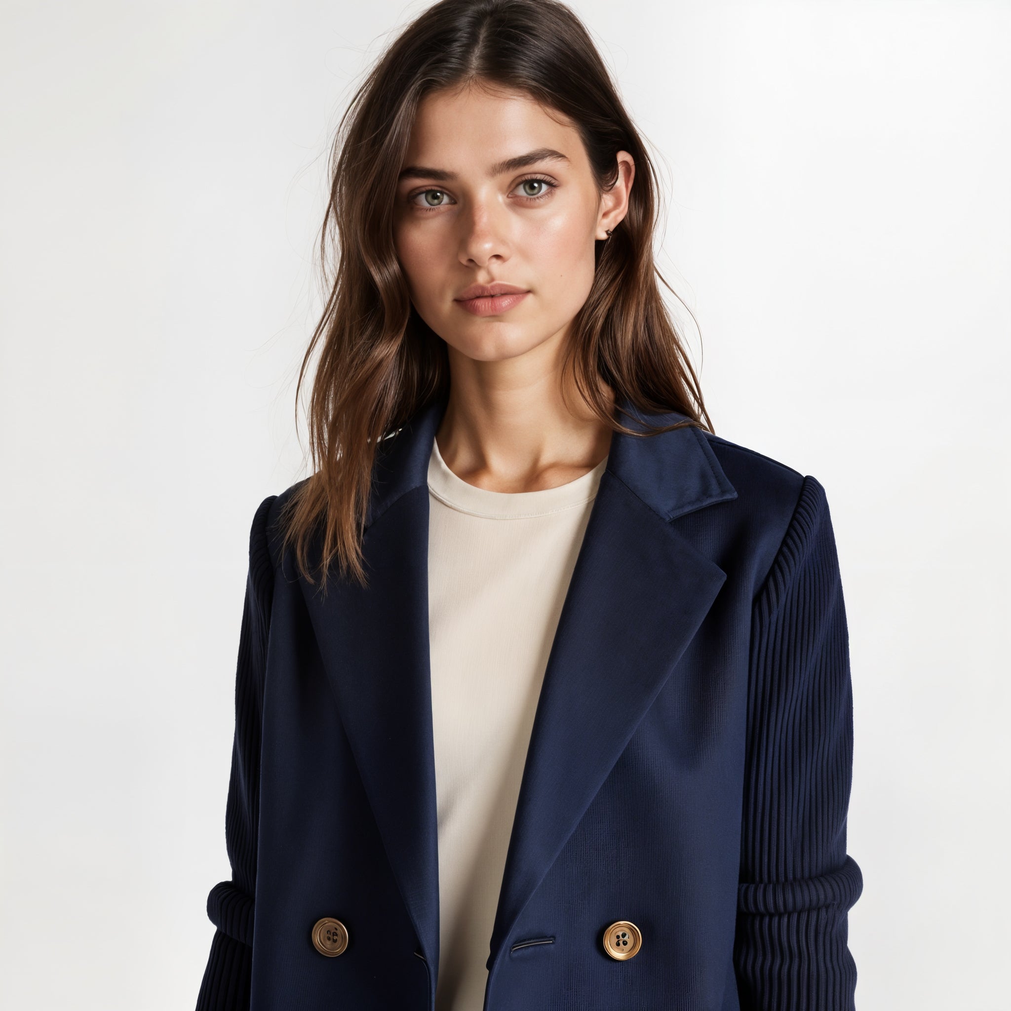 Knit Sleeve Double-Breasted Blazer