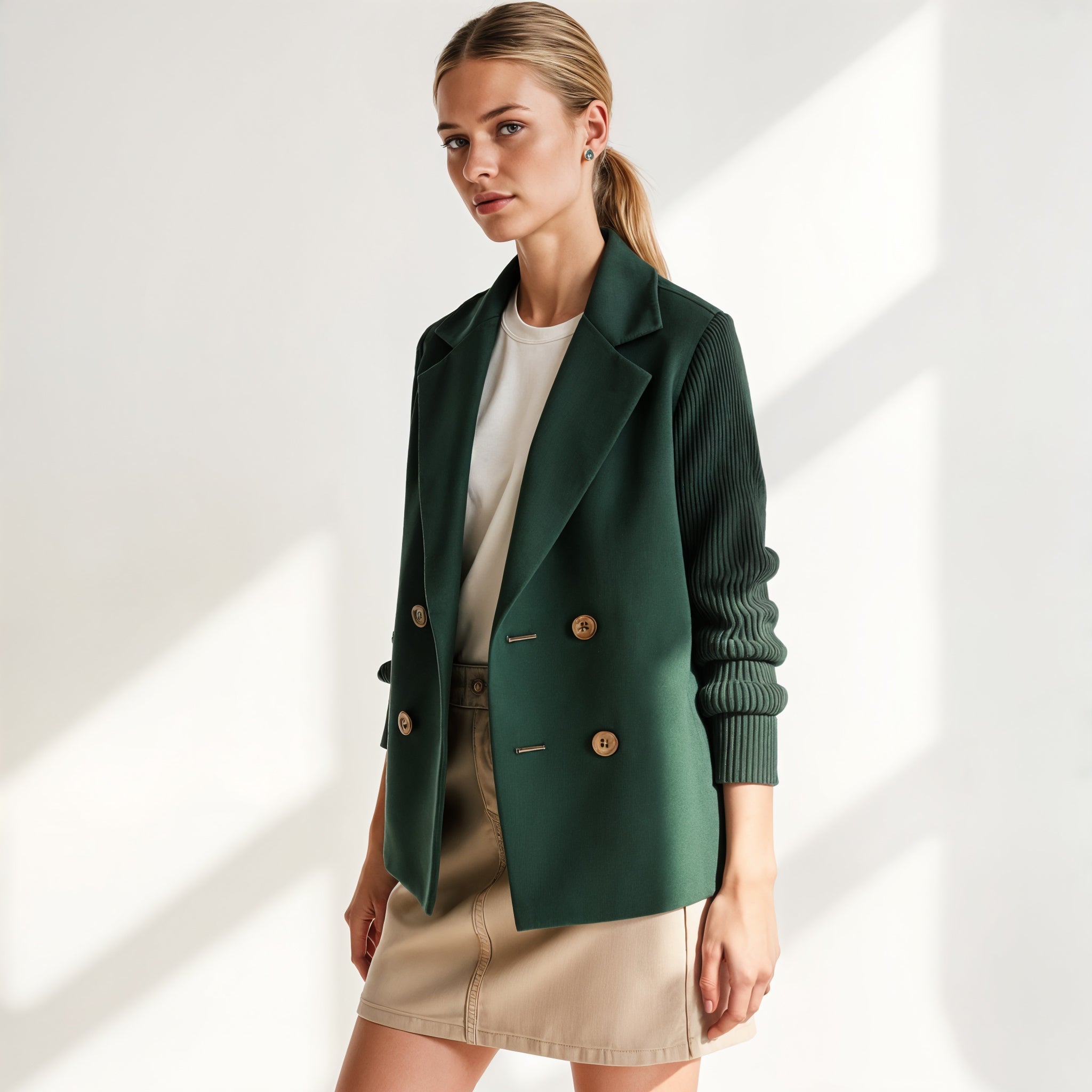 Knit Sleeve Double-Breasted Blazer