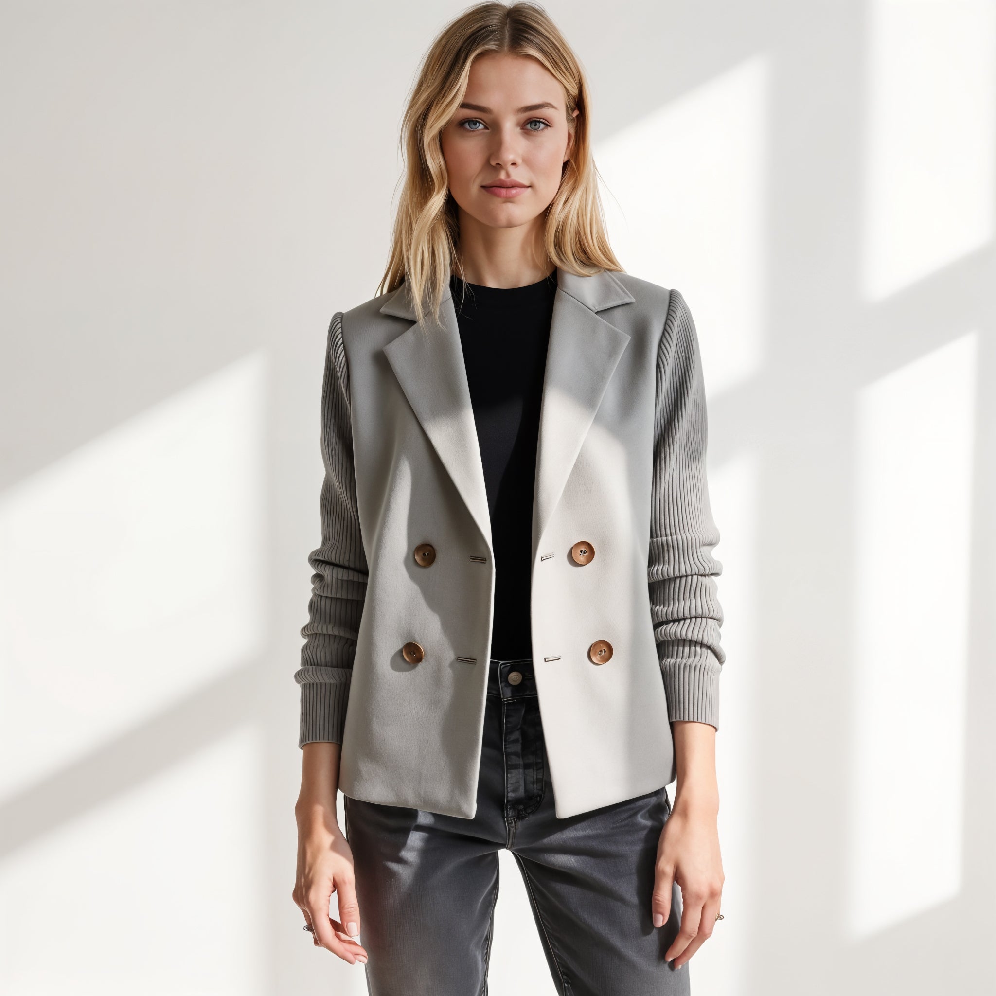 Knit Sleeve Double-Breasted Blazer