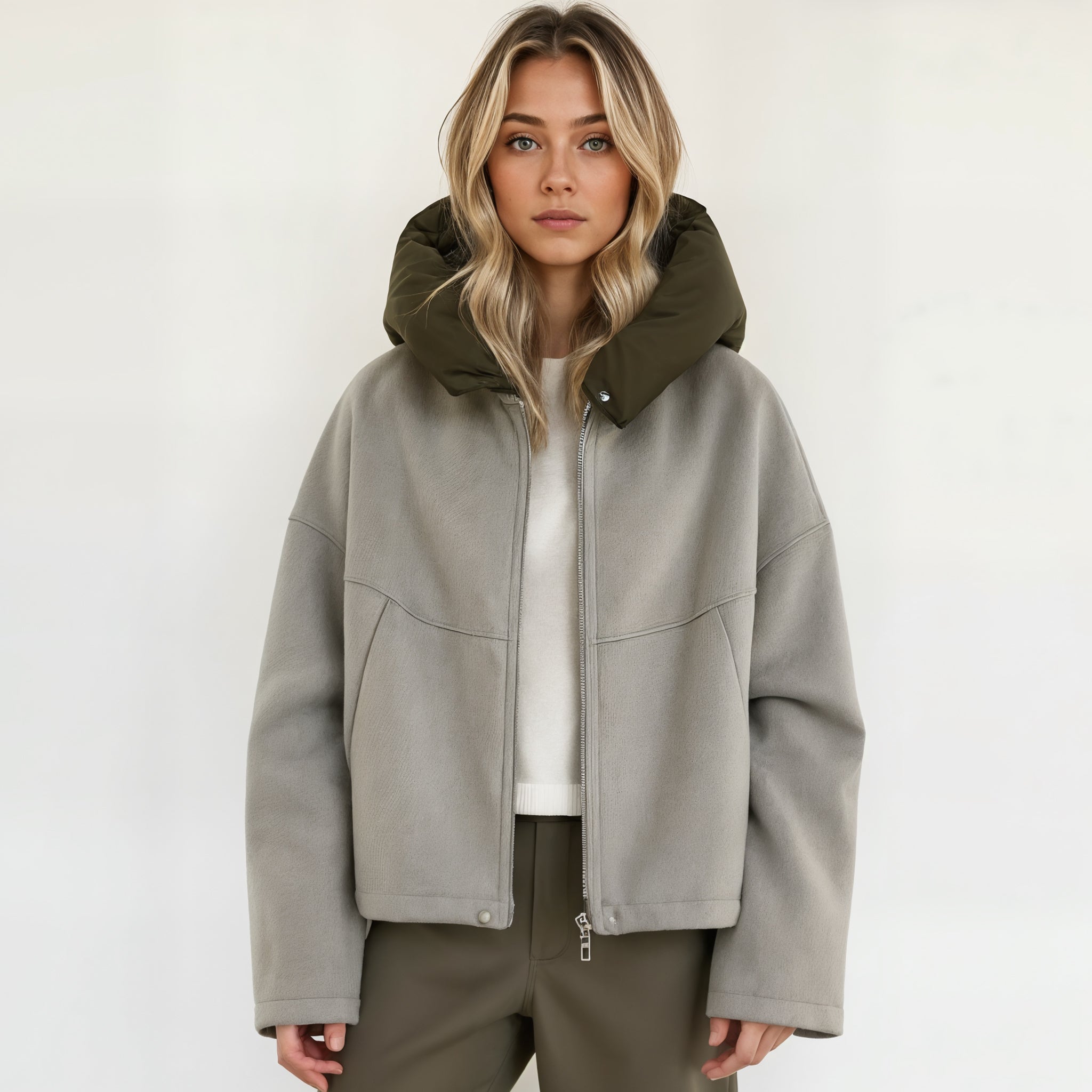 Oversized Wool Jacket with Puffer Hood