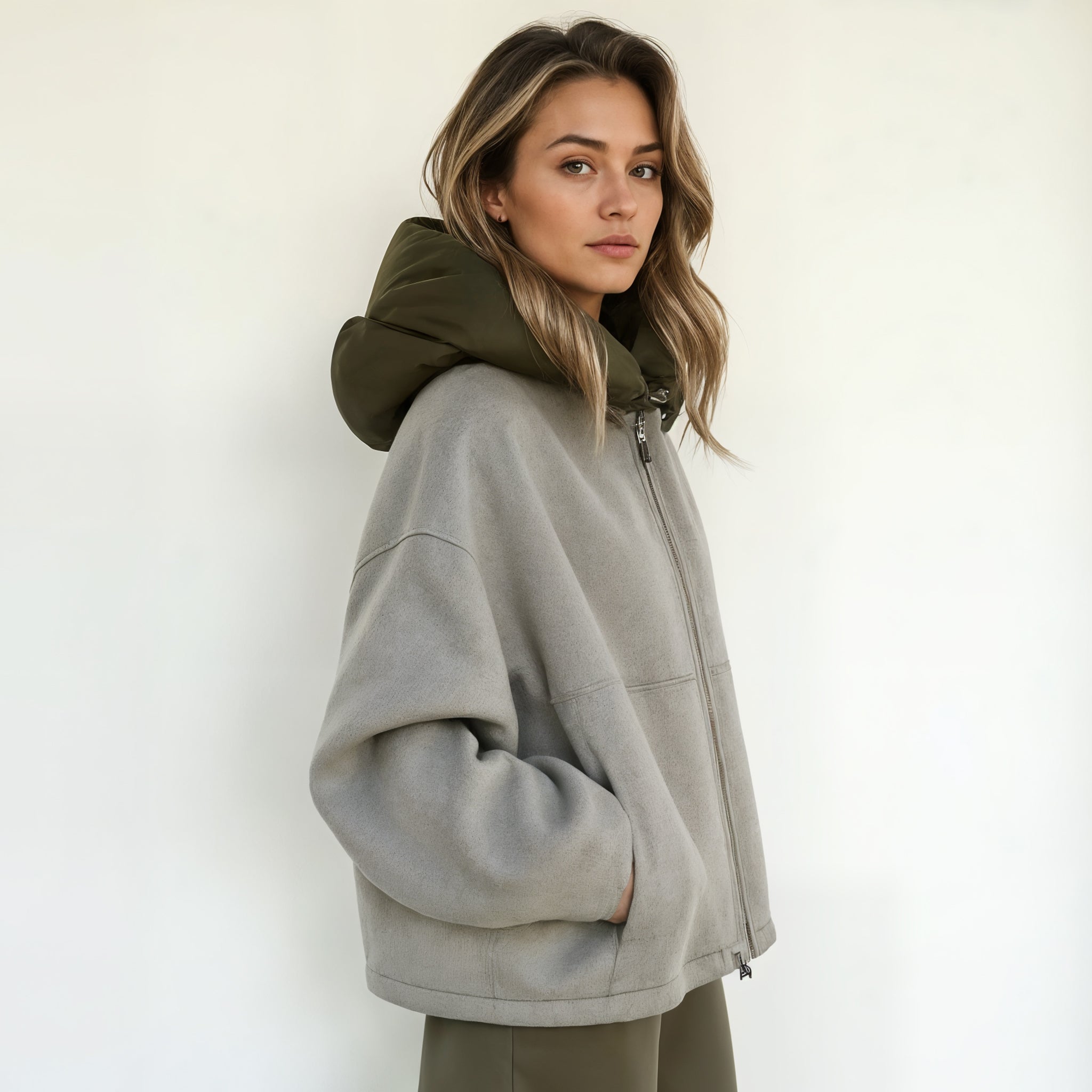 Oversized Wool Jacket with Puffer Hood