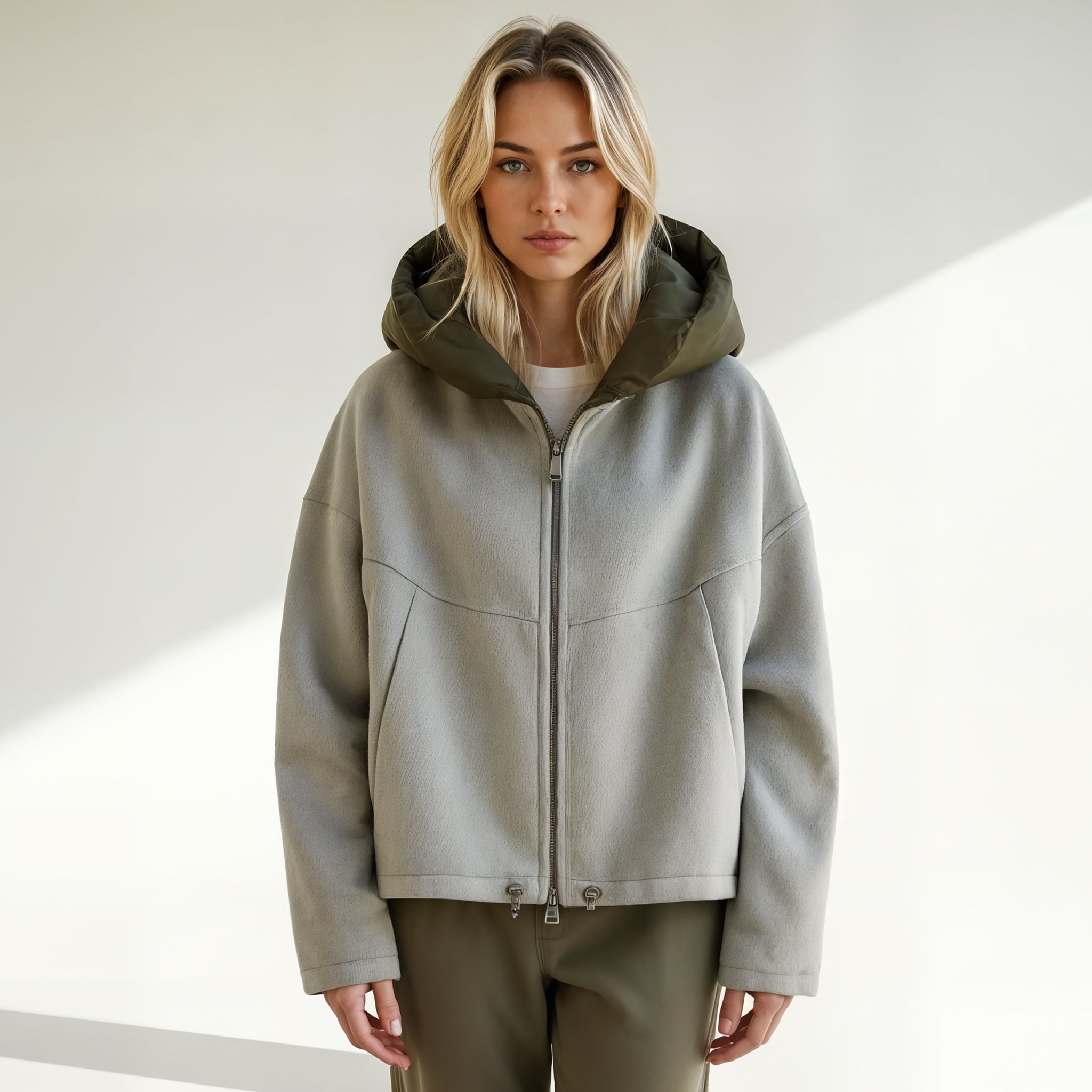 Oversized Wool Jacket with Puffer Hood