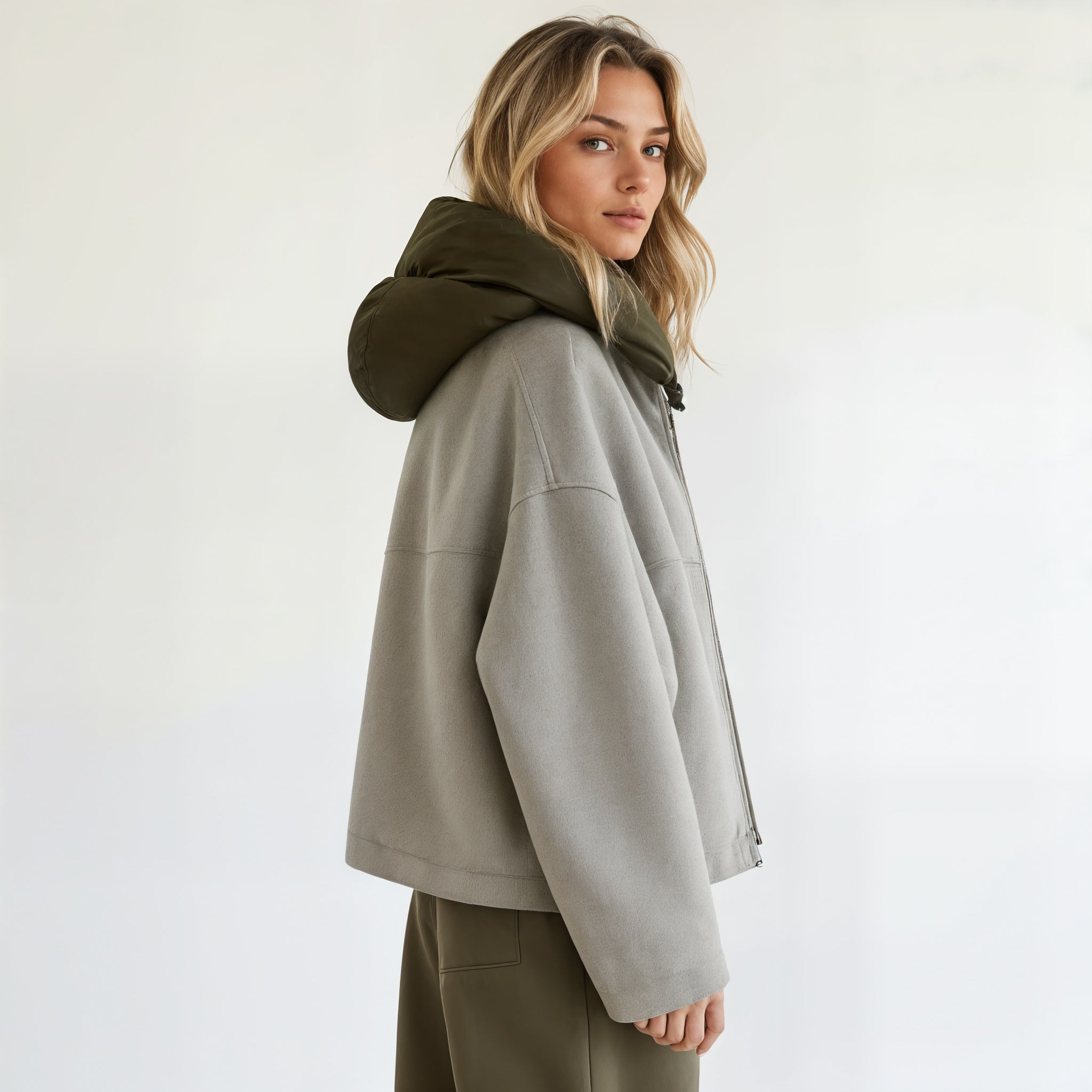 Oversized Wool Jacket with Puffer Hood