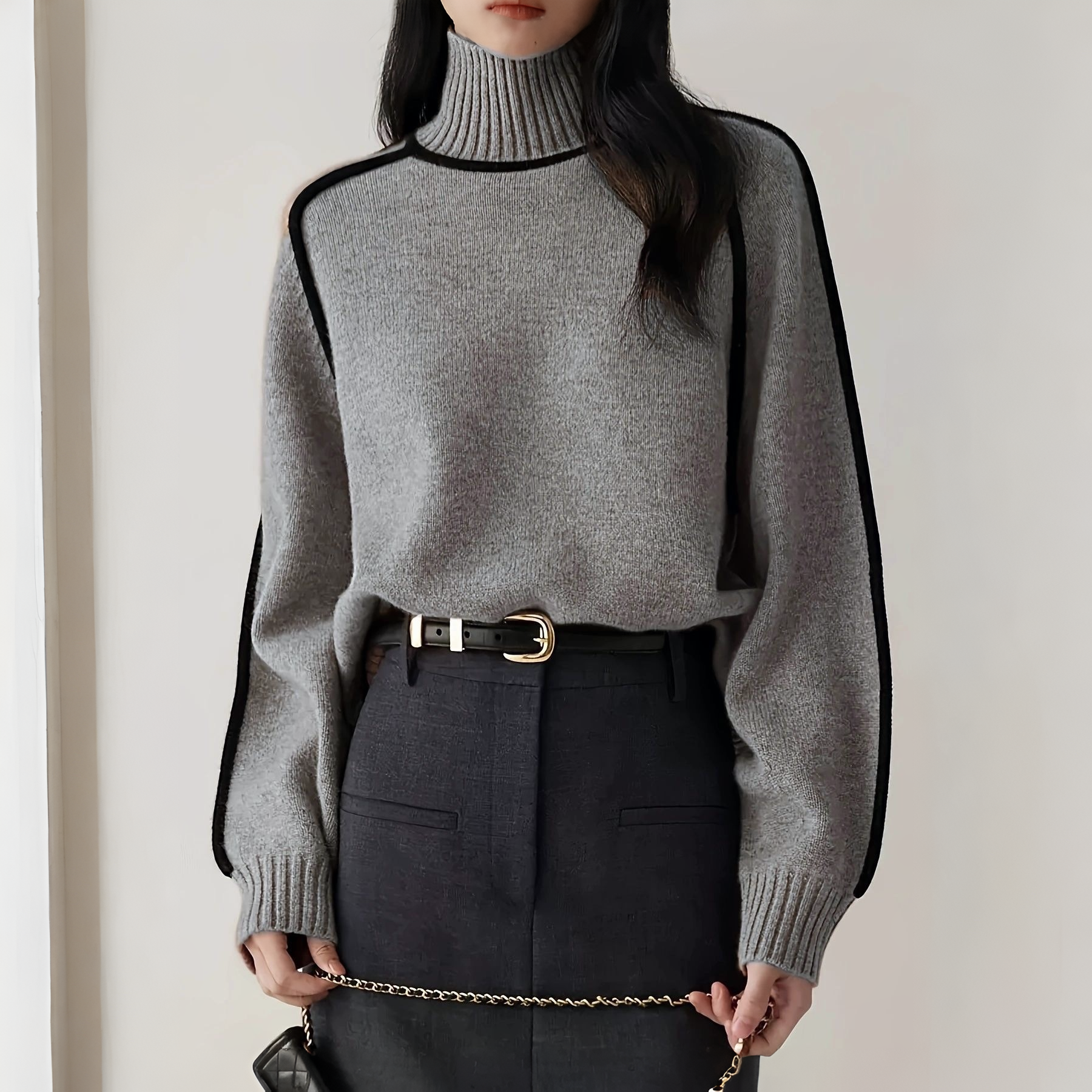 Turtleneck Sweater with Black Trim Details