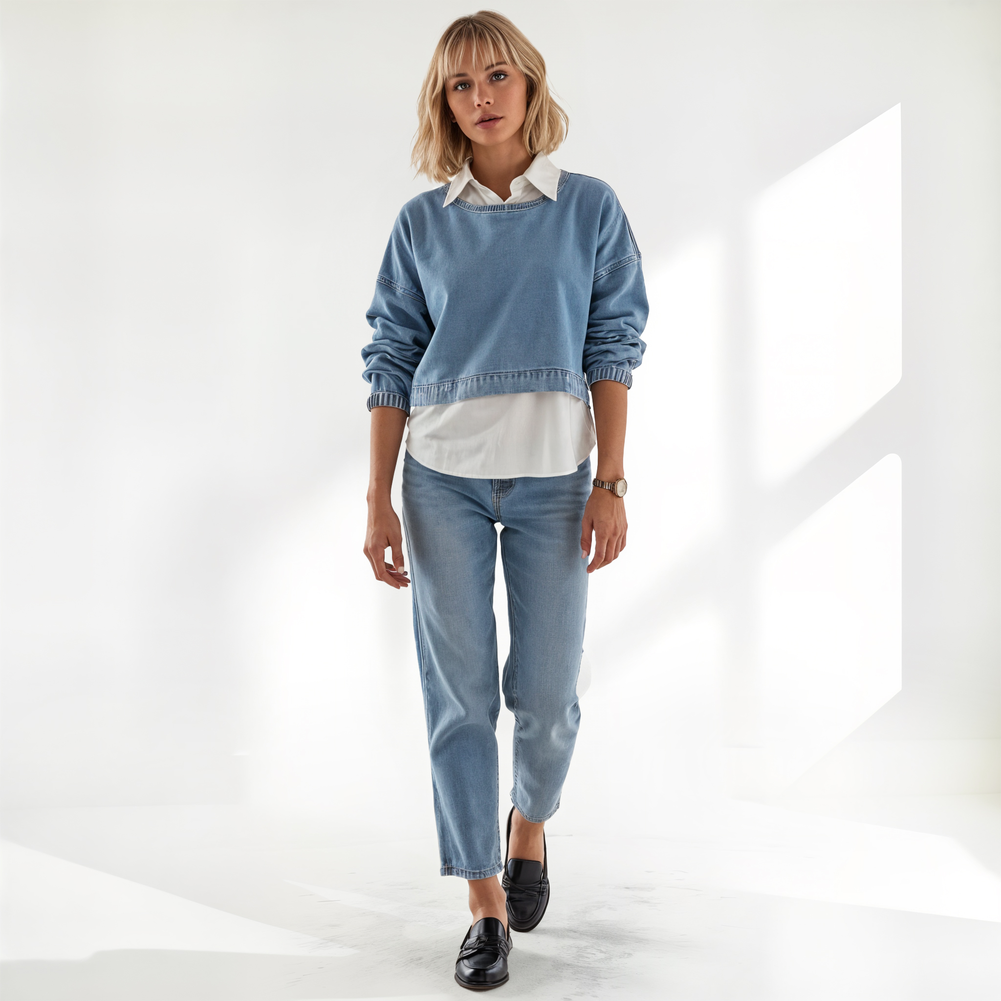 Layered Shirt Effect Denim Sweatshirt & Jeans Set
