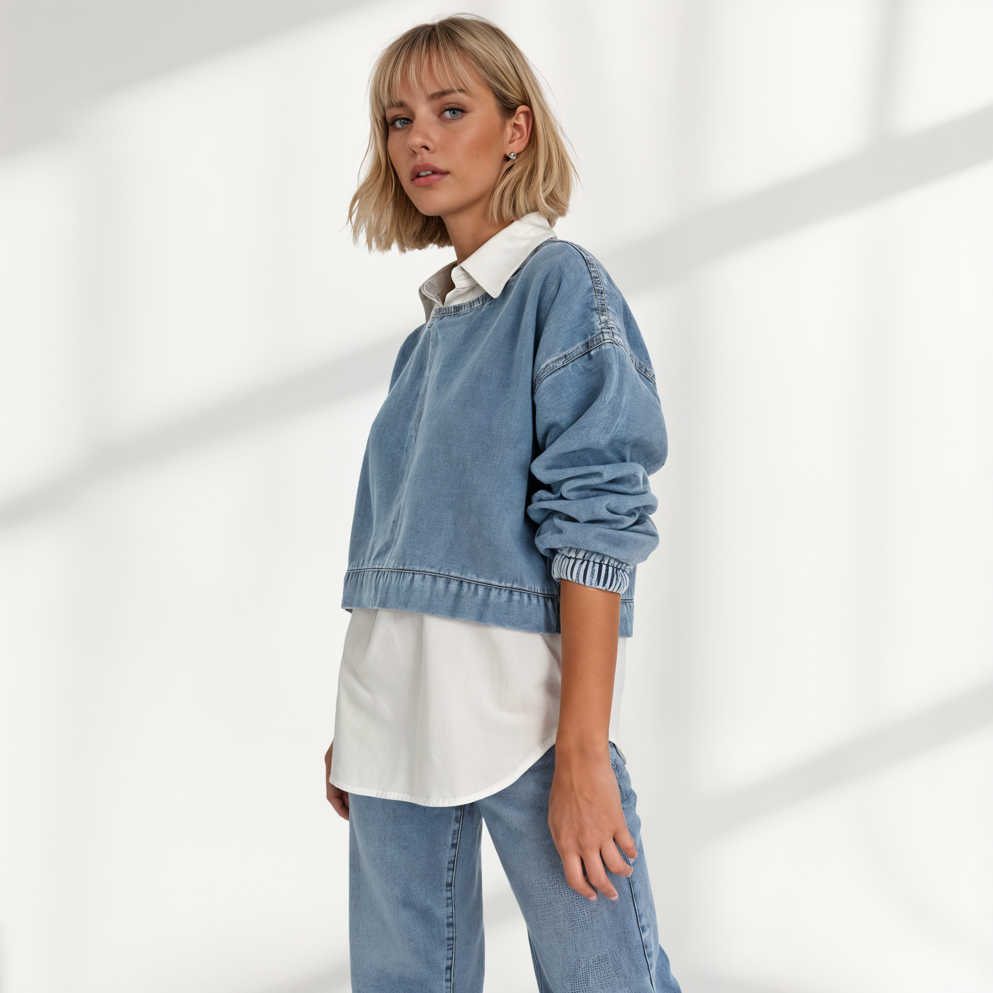 Layered Shirt Effect Denim Sweatshirt & Jeans Set