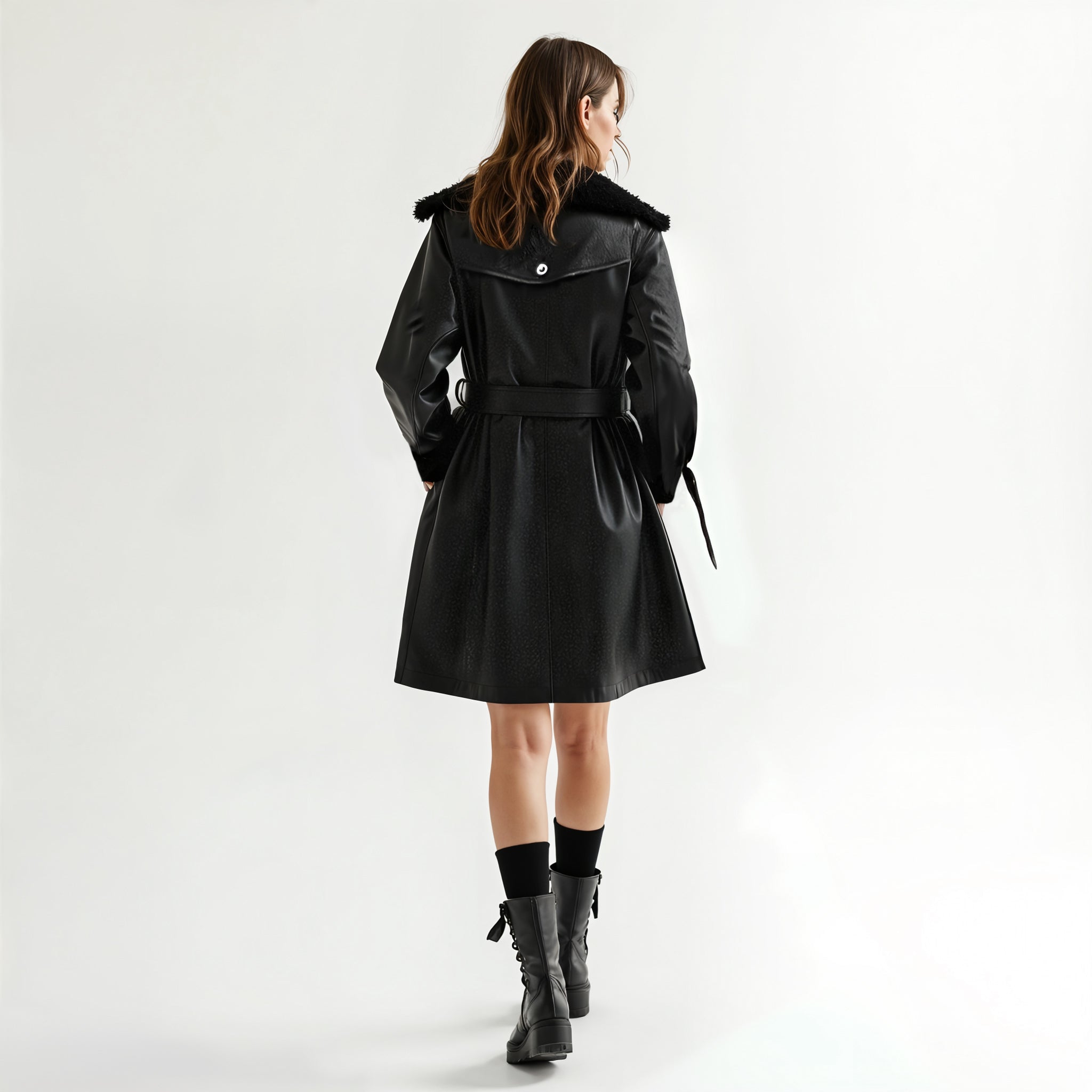 Shearling Collar Leather Trench Coat