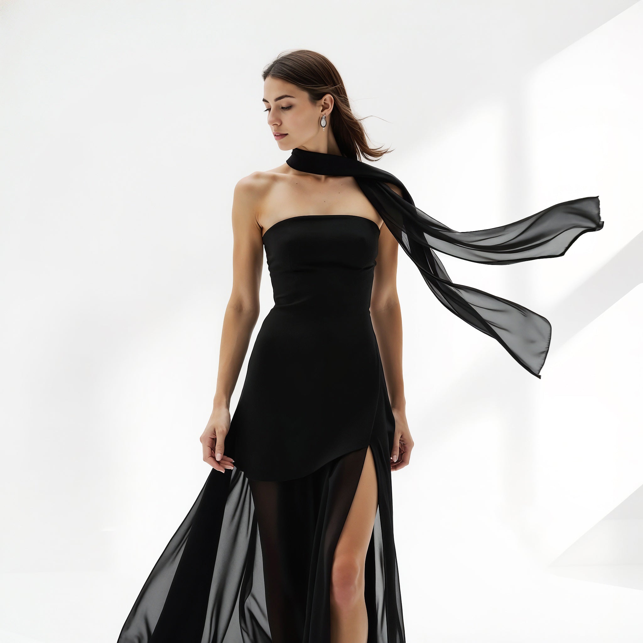 Elegant Strapless Maxi Dress with Flowing Scarf