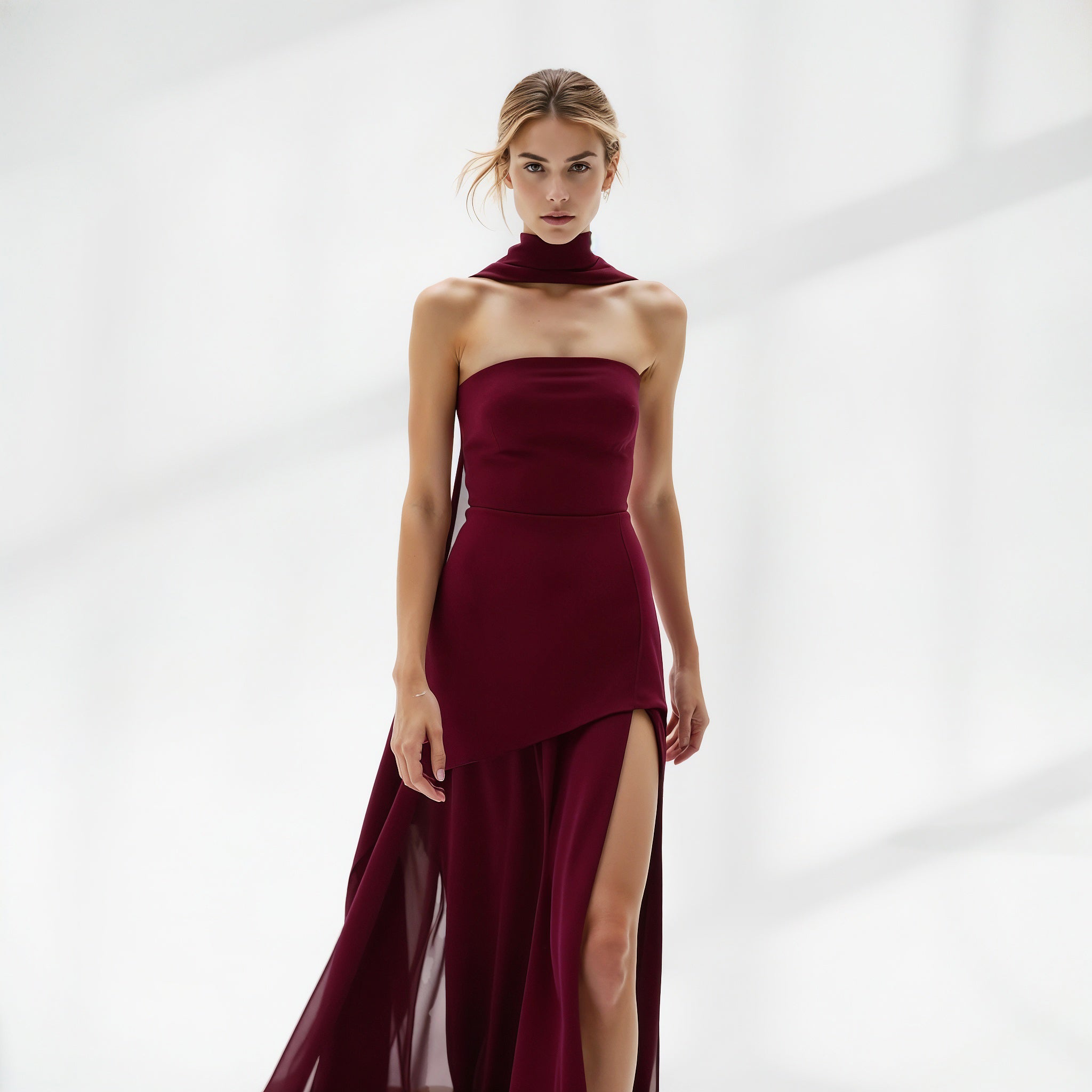 Elegant Strapless Maxi Dress with Flowing Scarf