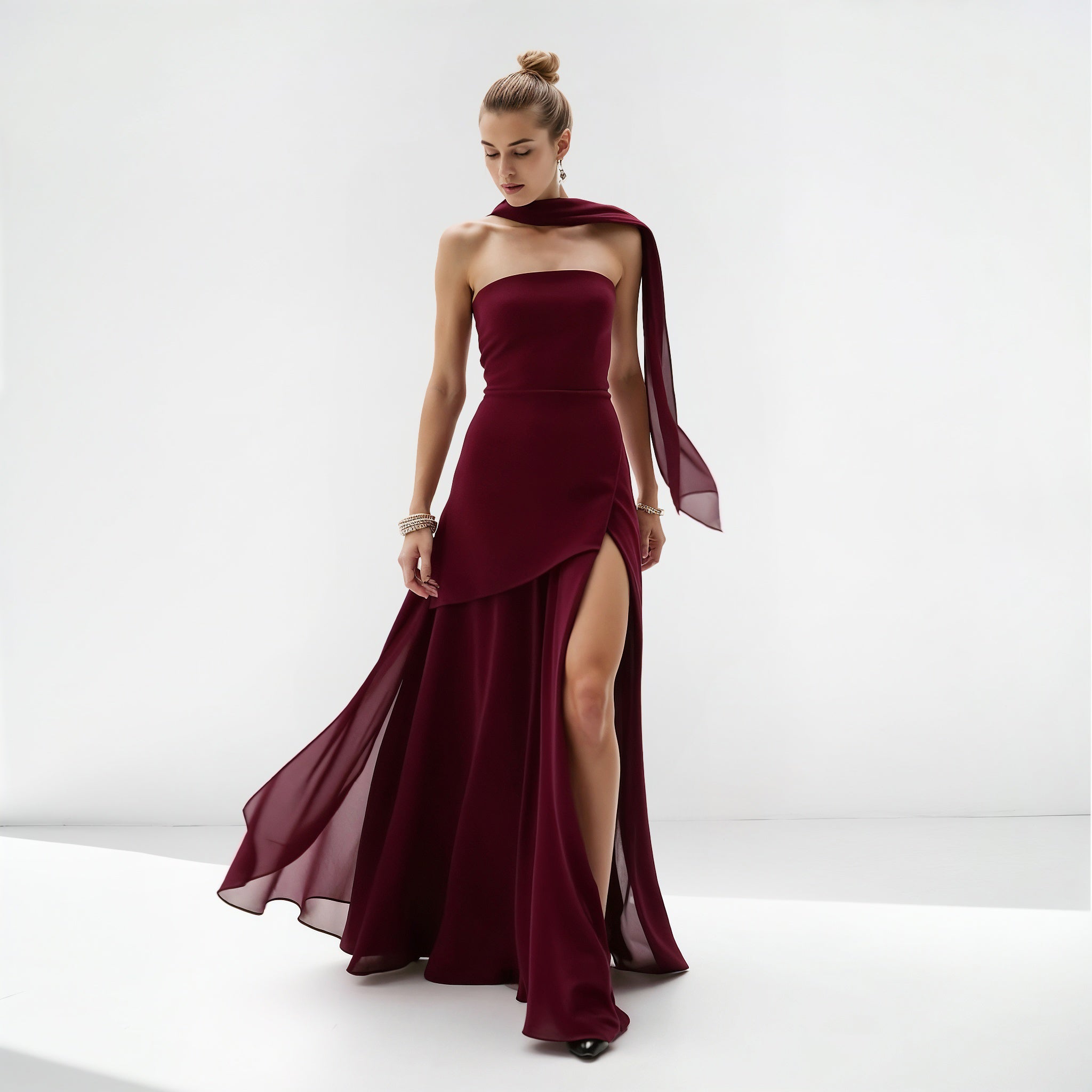 Elegant Strapless Maxi Dress with Flowing Scarf