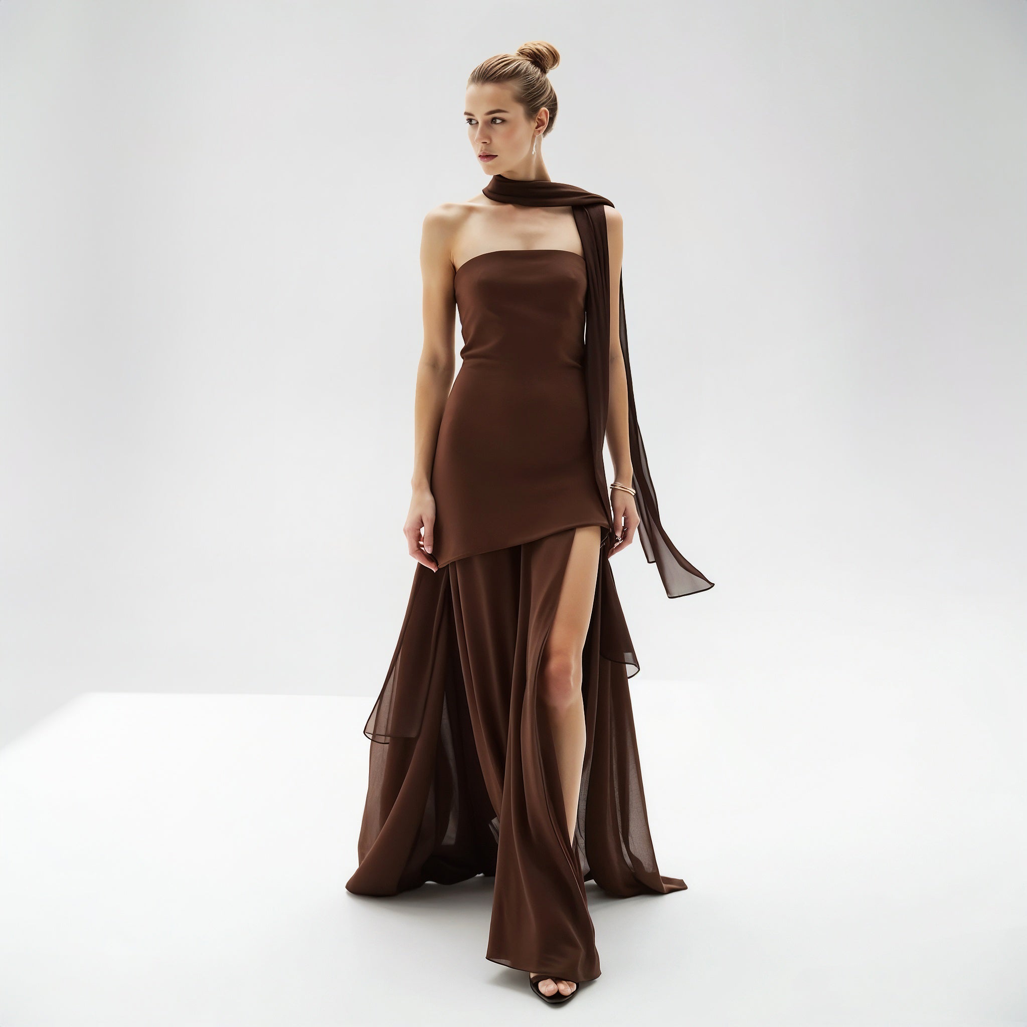 Elegant Strapless Maxi Dress with Flowing Scarf