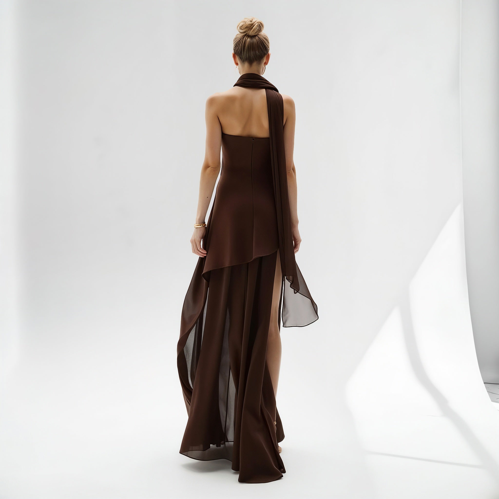 Elegant Strapless Maxi Dress with Flowing Scarf