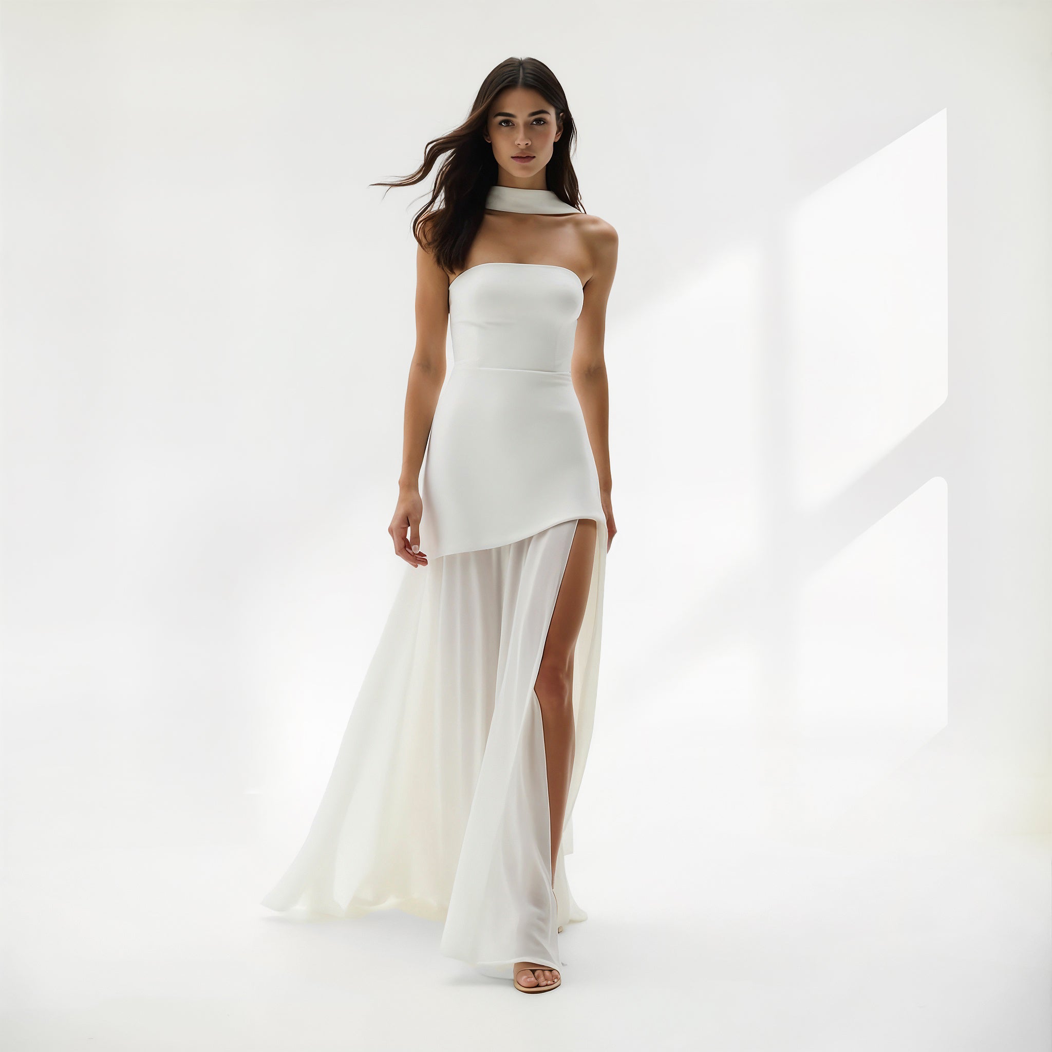 Elegant Strapless Maxi Dress with Flowing Scarf