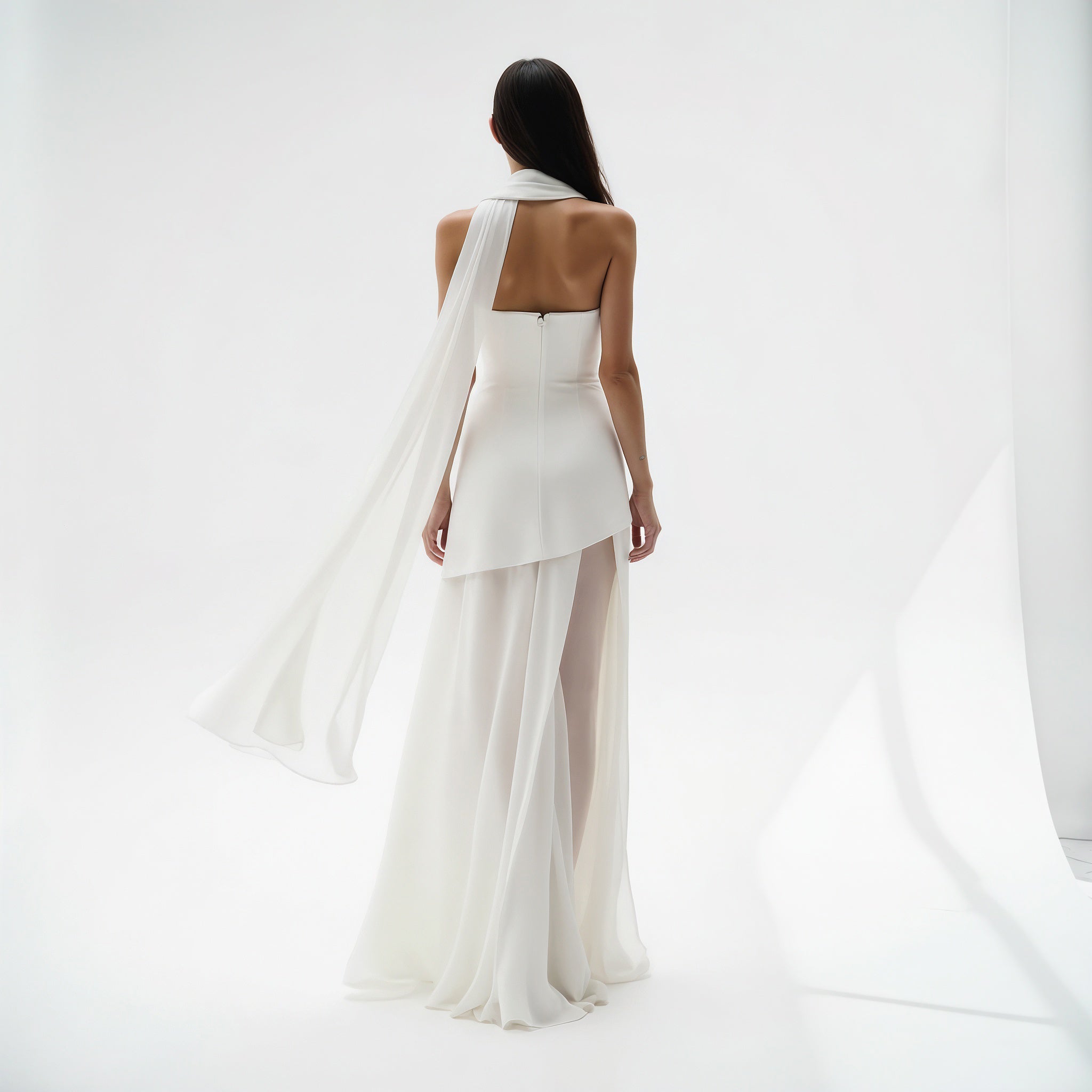 Elegant Strapless Maxi Dress with Flowing Scarf