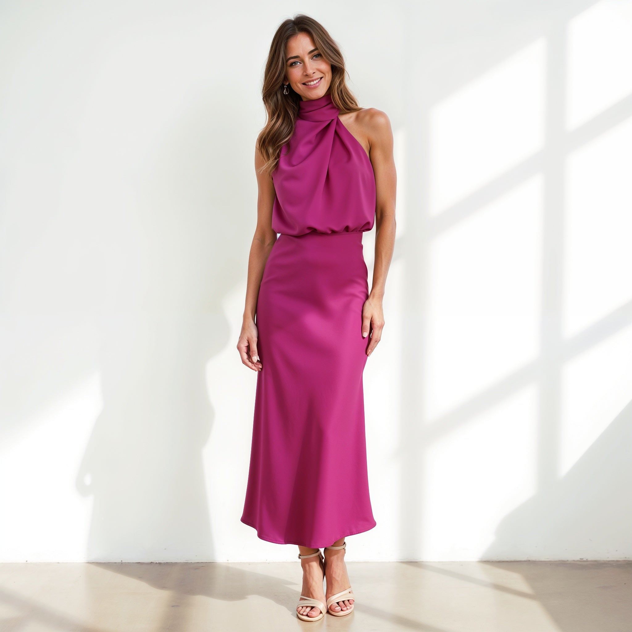 Satin Maxi Dress with Draped Neckline