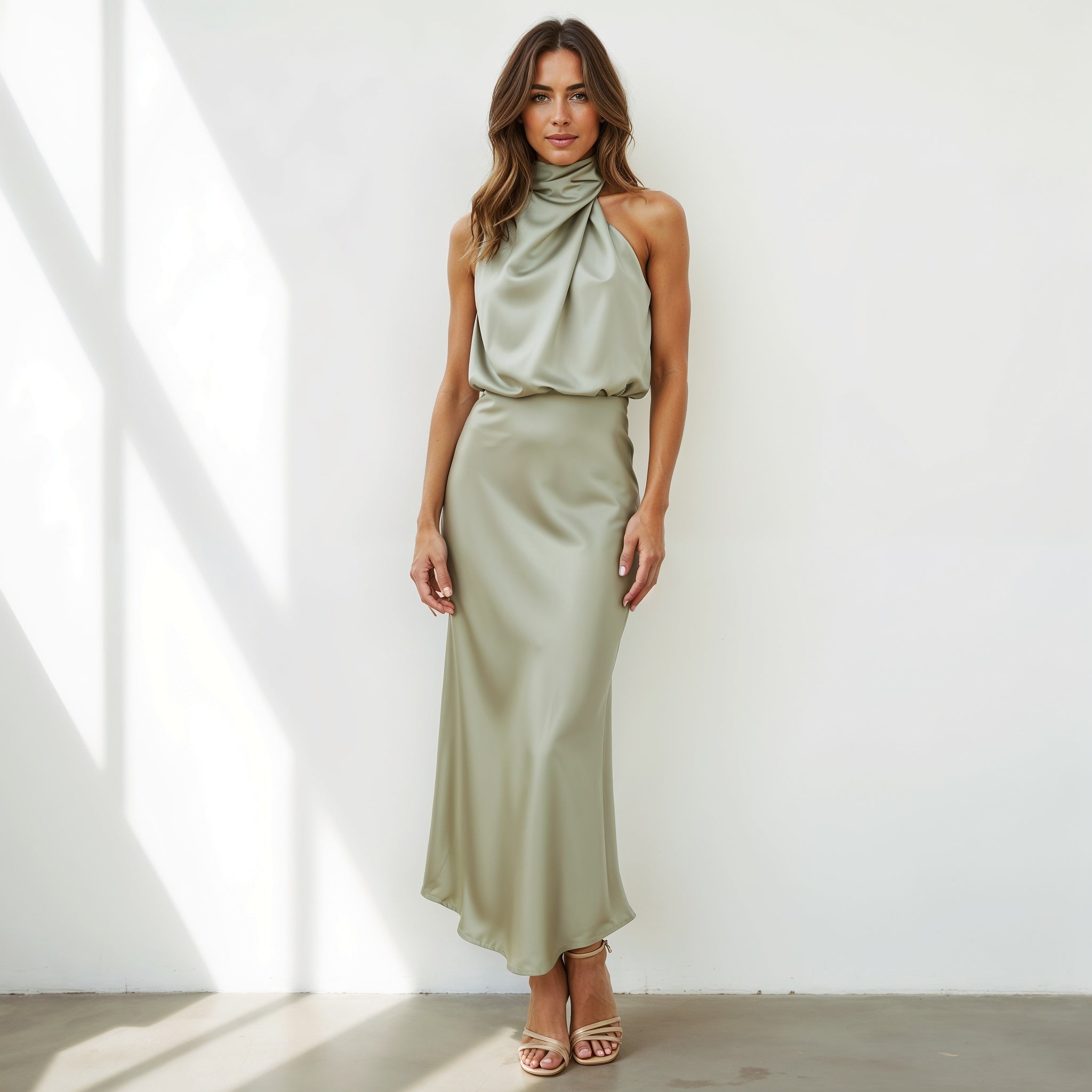 Satin Maxi Dress with Draped Neckline