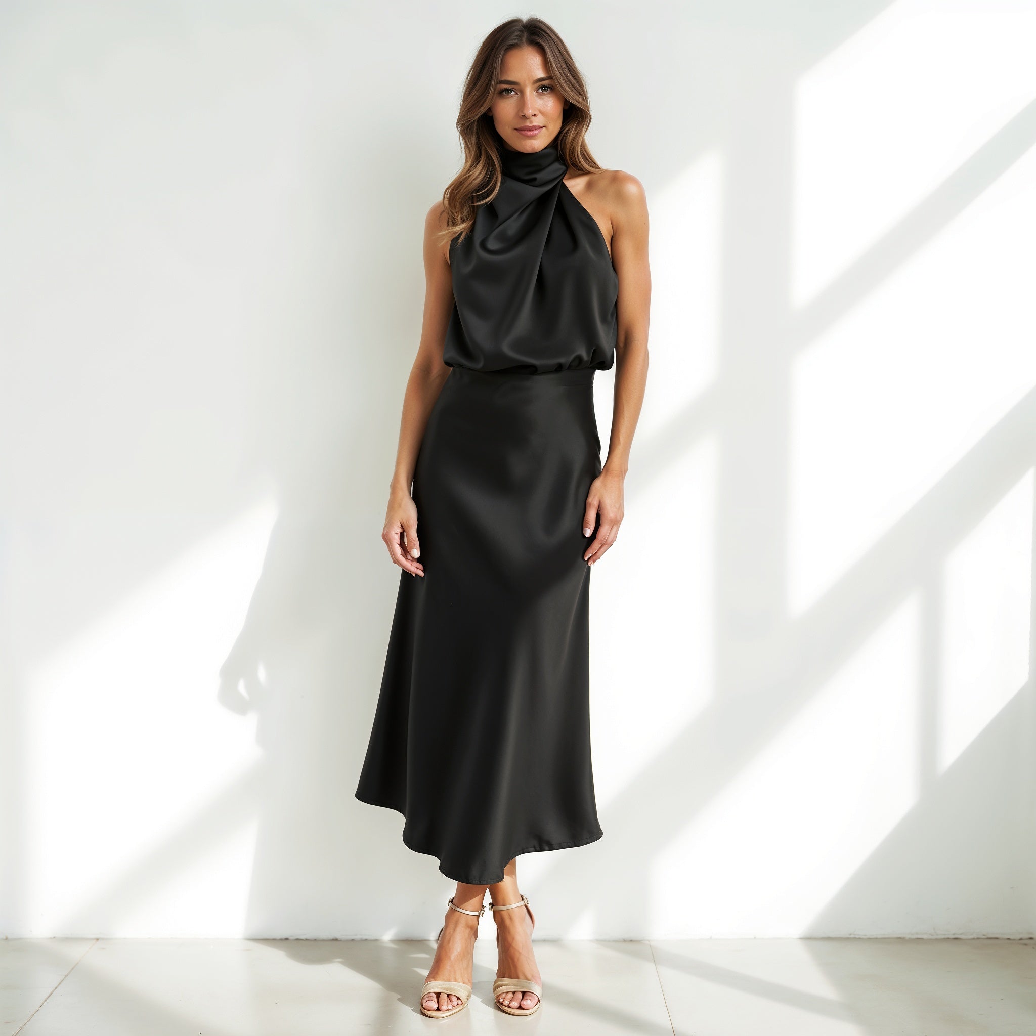 Satin Maxi Dress with Draped Neckline