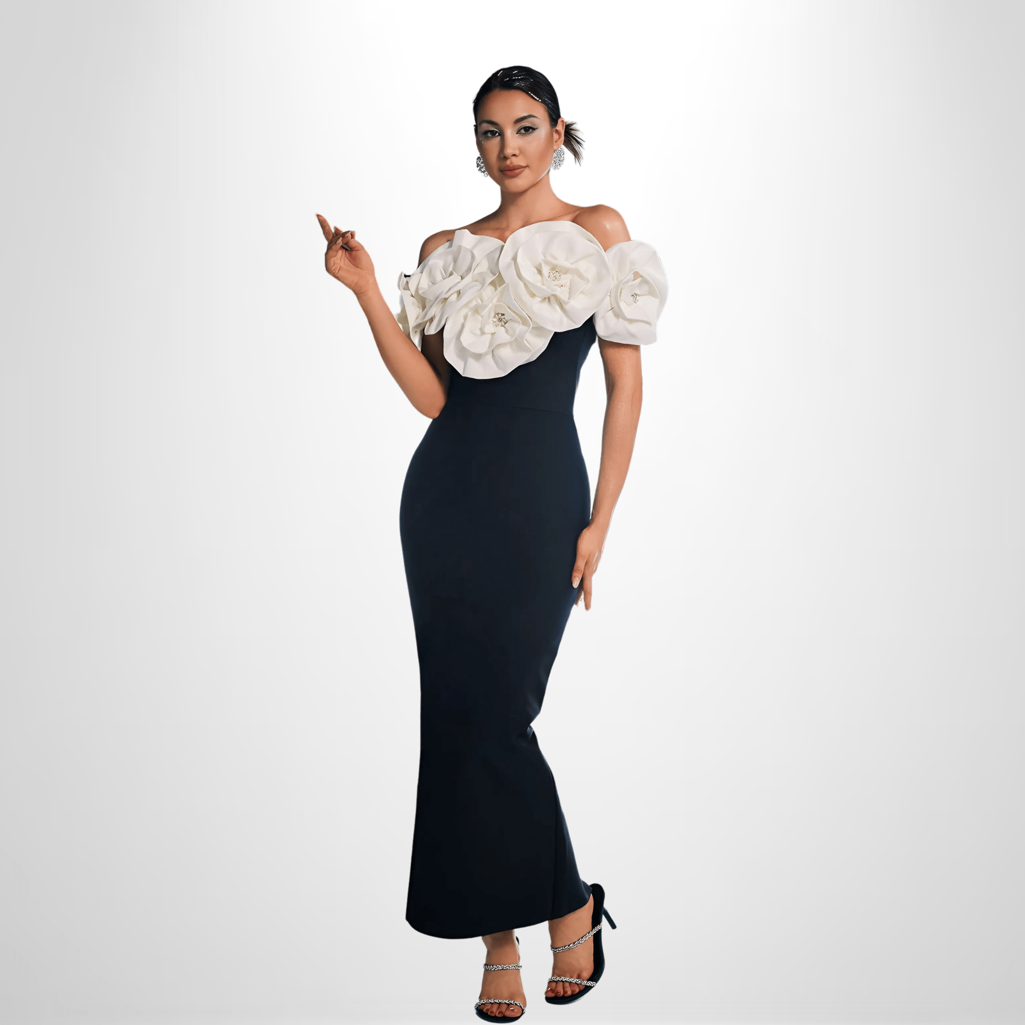 Off-Shoulder Dress with Oversized Floral Details