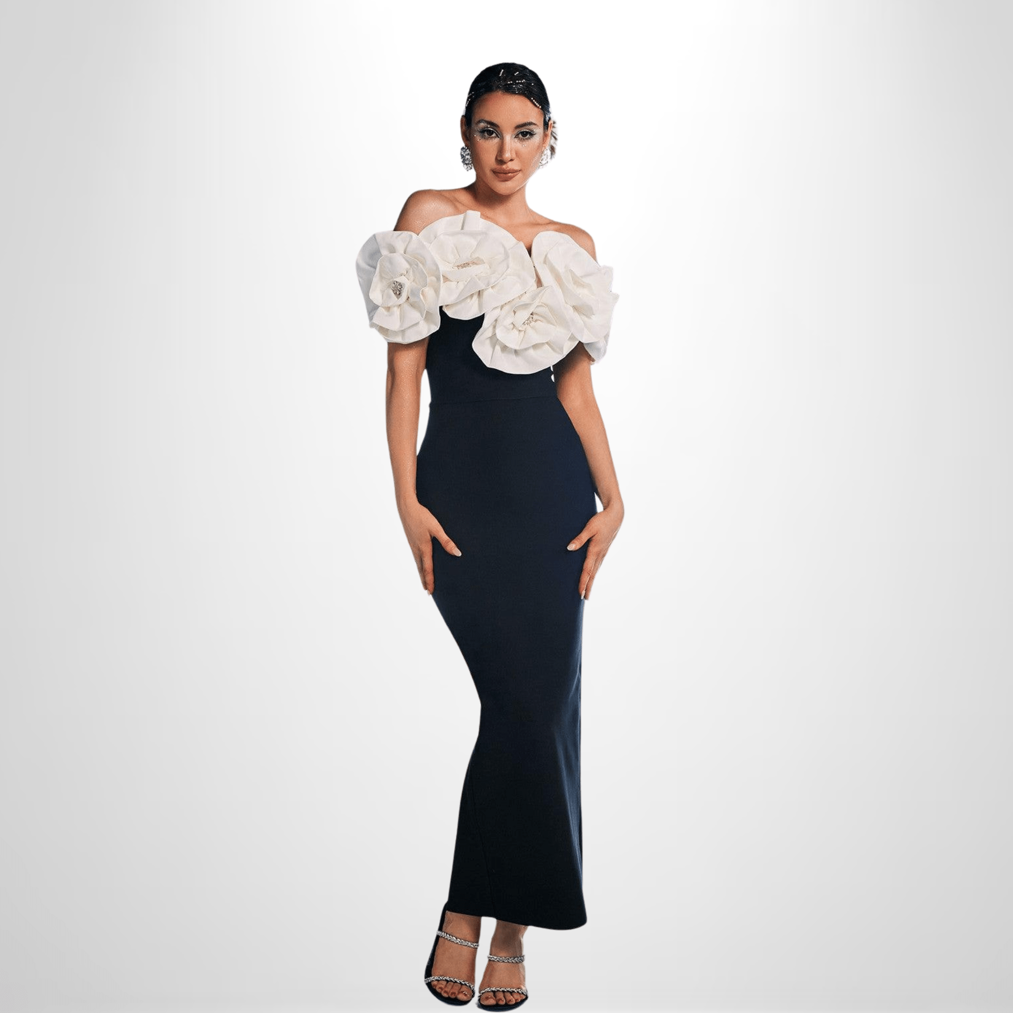 Off-Shoulder Dress with Oversized Floral Details