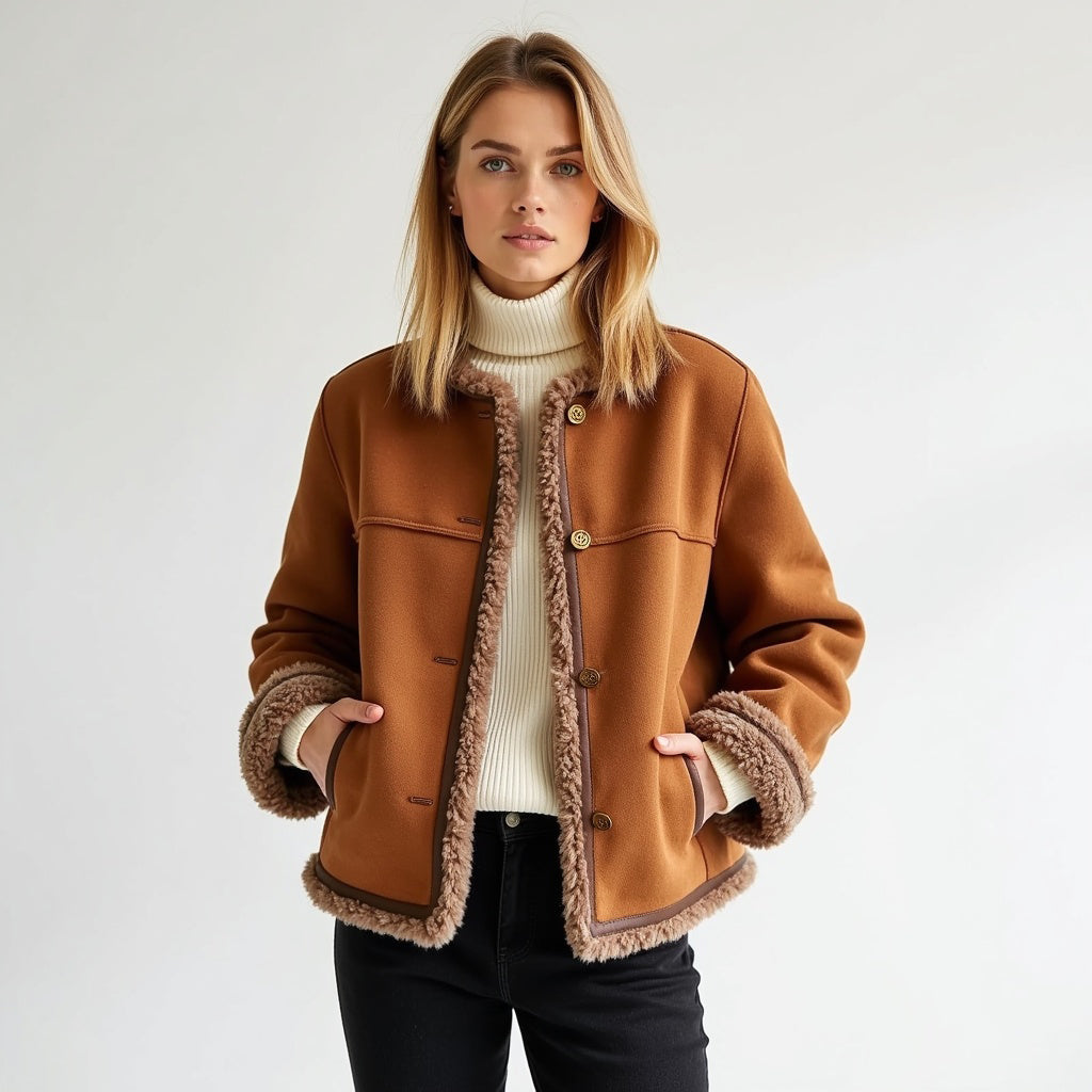 Faux Shearling Trimmed Lamb Wool Jacket