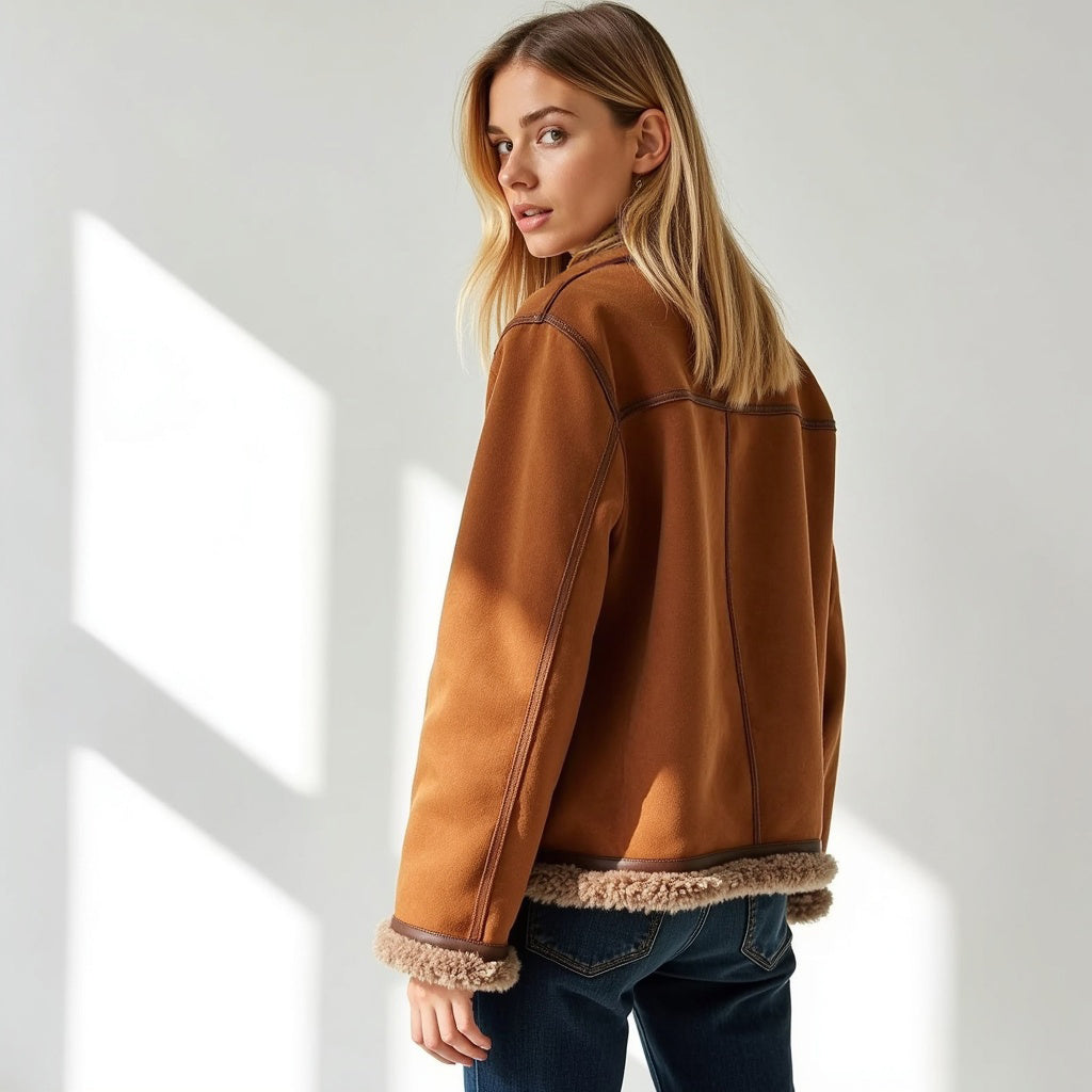 Faux Shearling Trimmed Lamb Wool Jacket
