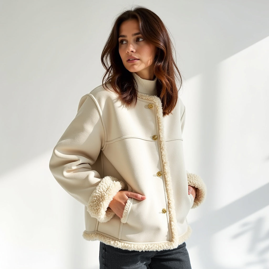 Faux Shearling Trimmed Lamb Wool Jacket