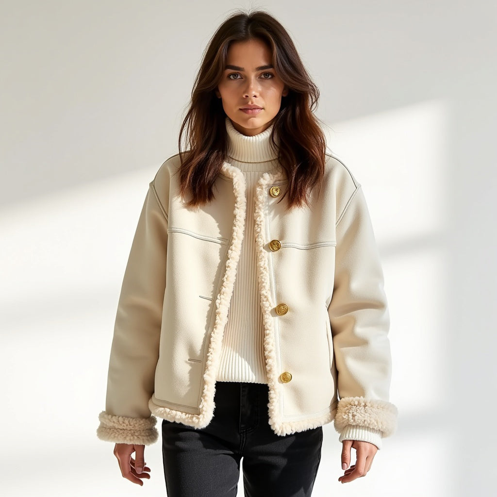 Faux Shearling Trimmed Lamb Wool Jacket