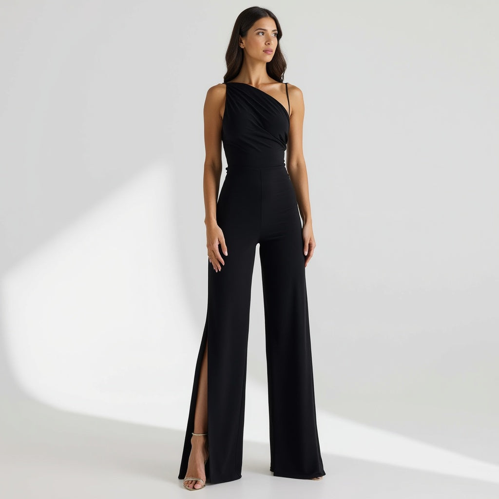 One-Shoulder Jumpsuit with High Slit Legs