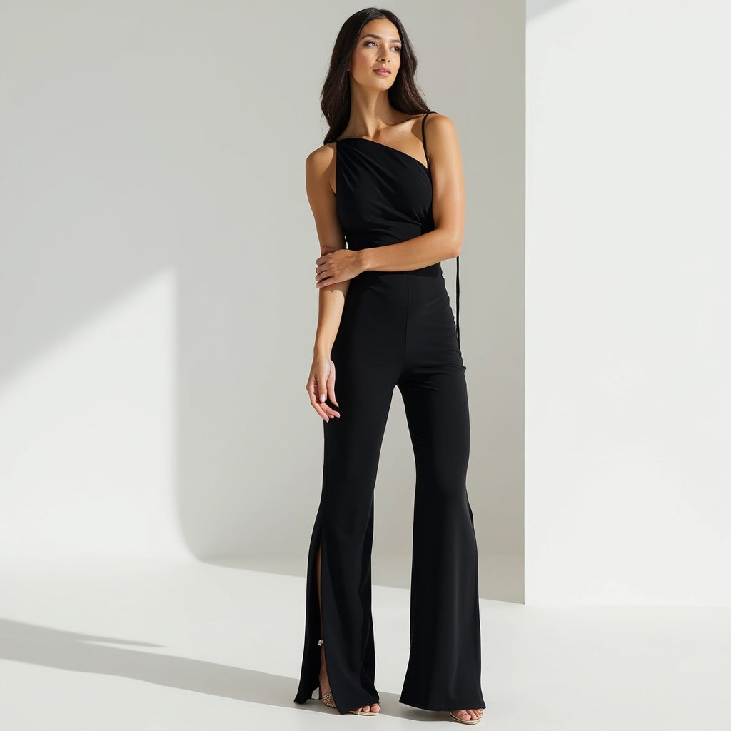 One-Shoulder Jumpsuit with High Slit Legs
