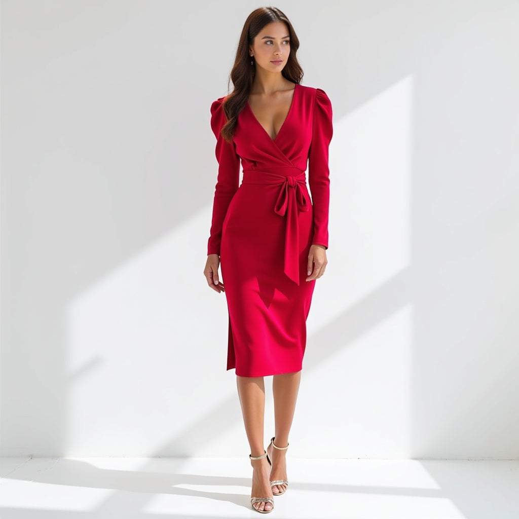 Elegant Wrap Midi Dress with Puff Sleeves