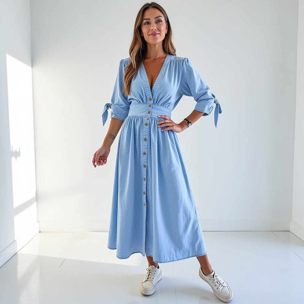 Relaxed Fit V-Neck Dress with Waist Tie