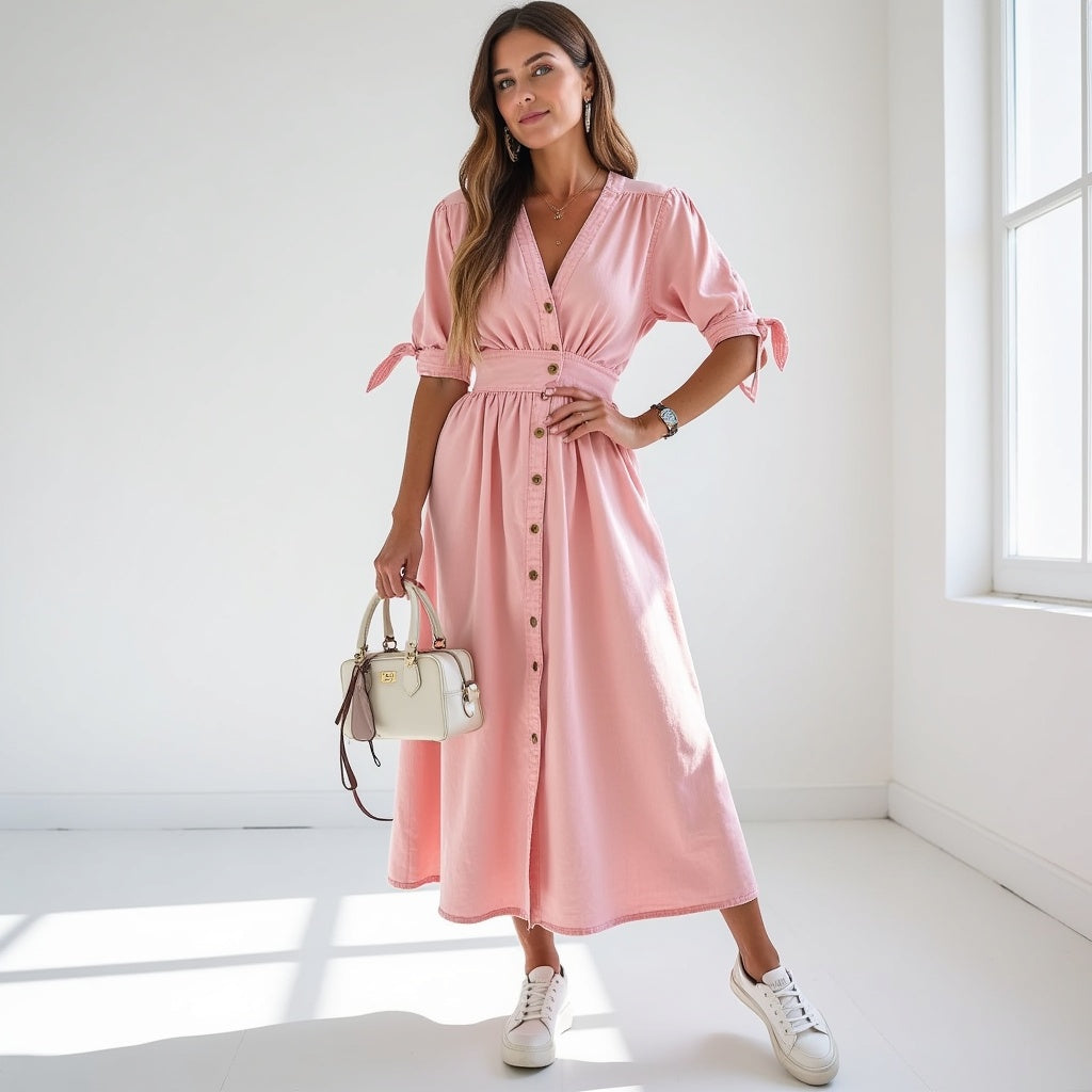 Relaxed Fit V-Neck Dress with Waist Tie