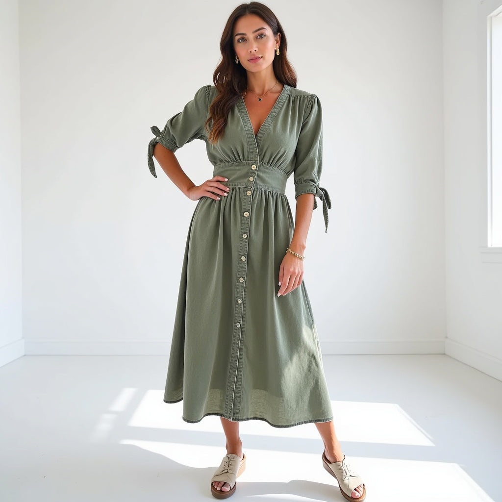 Relaxed Fit V-Neck Dress with Waist Tie