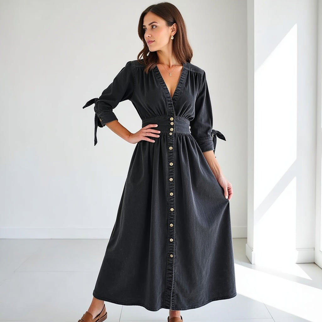 Relaxed Fit V-Neck Dress with Waist Tie