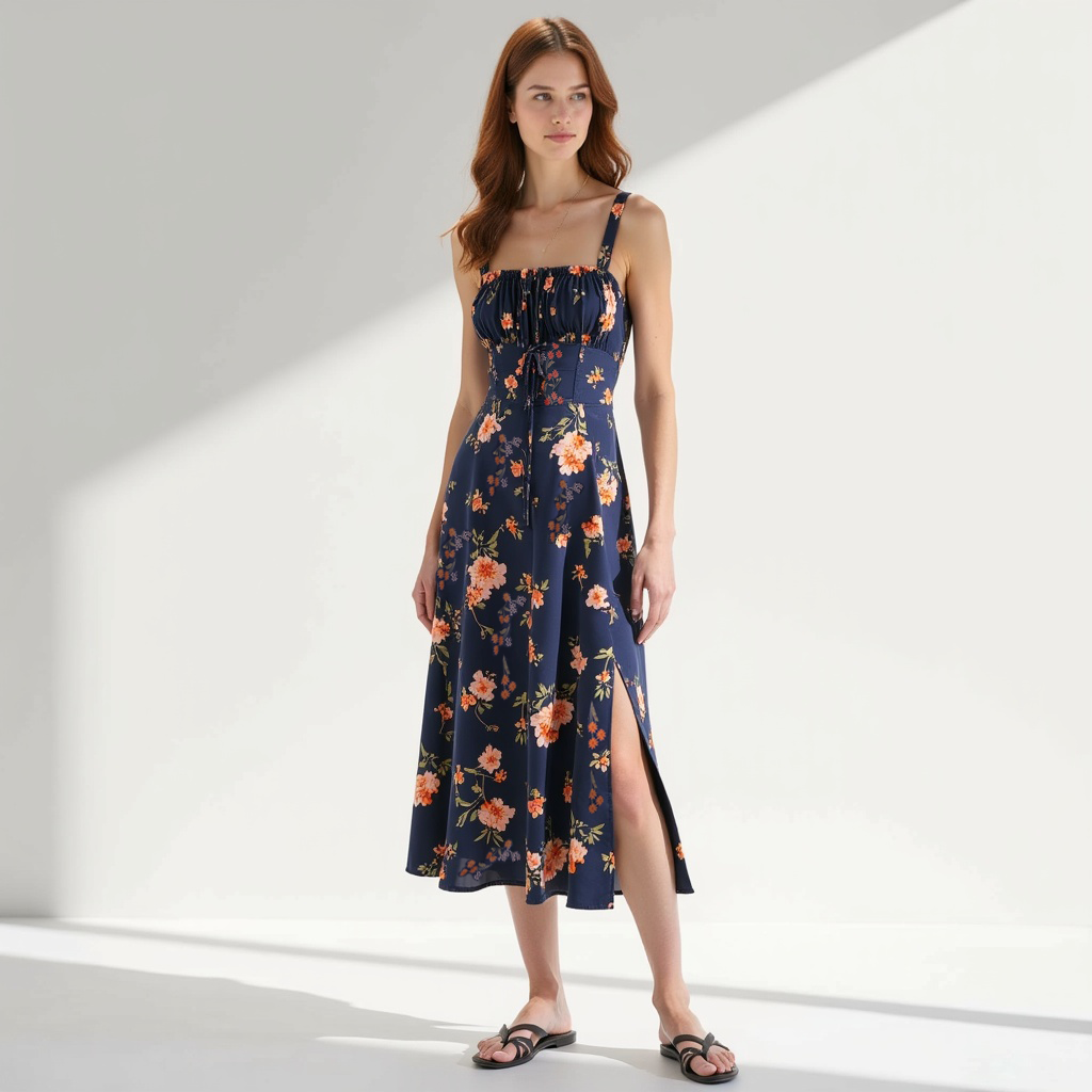 Lace Up Floral Ruched Midi Dress