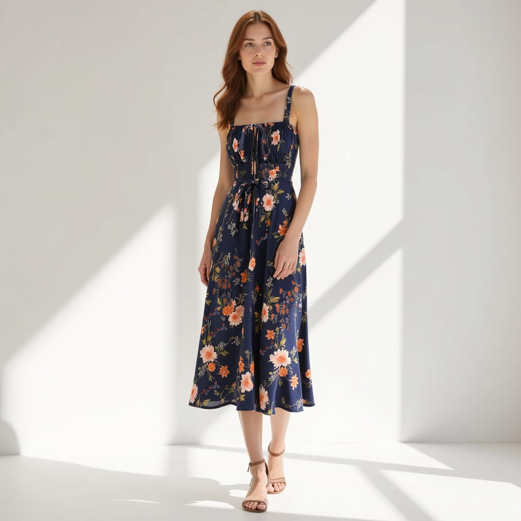 Lace Up Floral Ruched Midi Dress