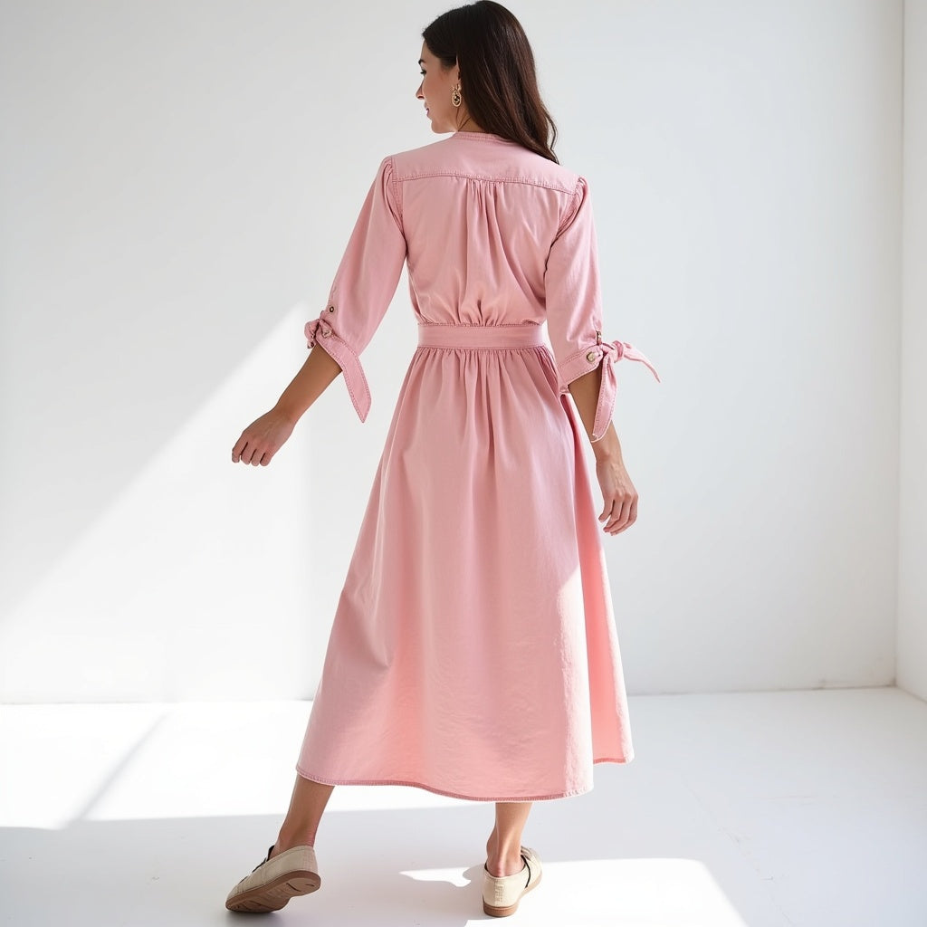 Relaxed Fit V-Neck Dress with Waist Tie