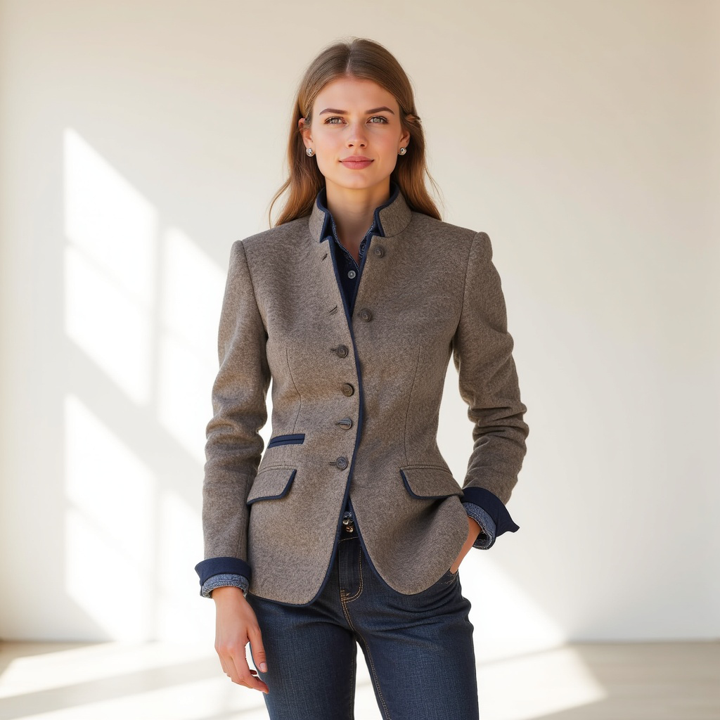Tailored Wool Blazer with Stand Collar