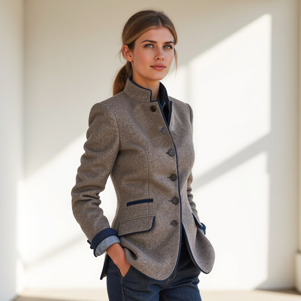 Tailored Wool Blazer with Stand Collar