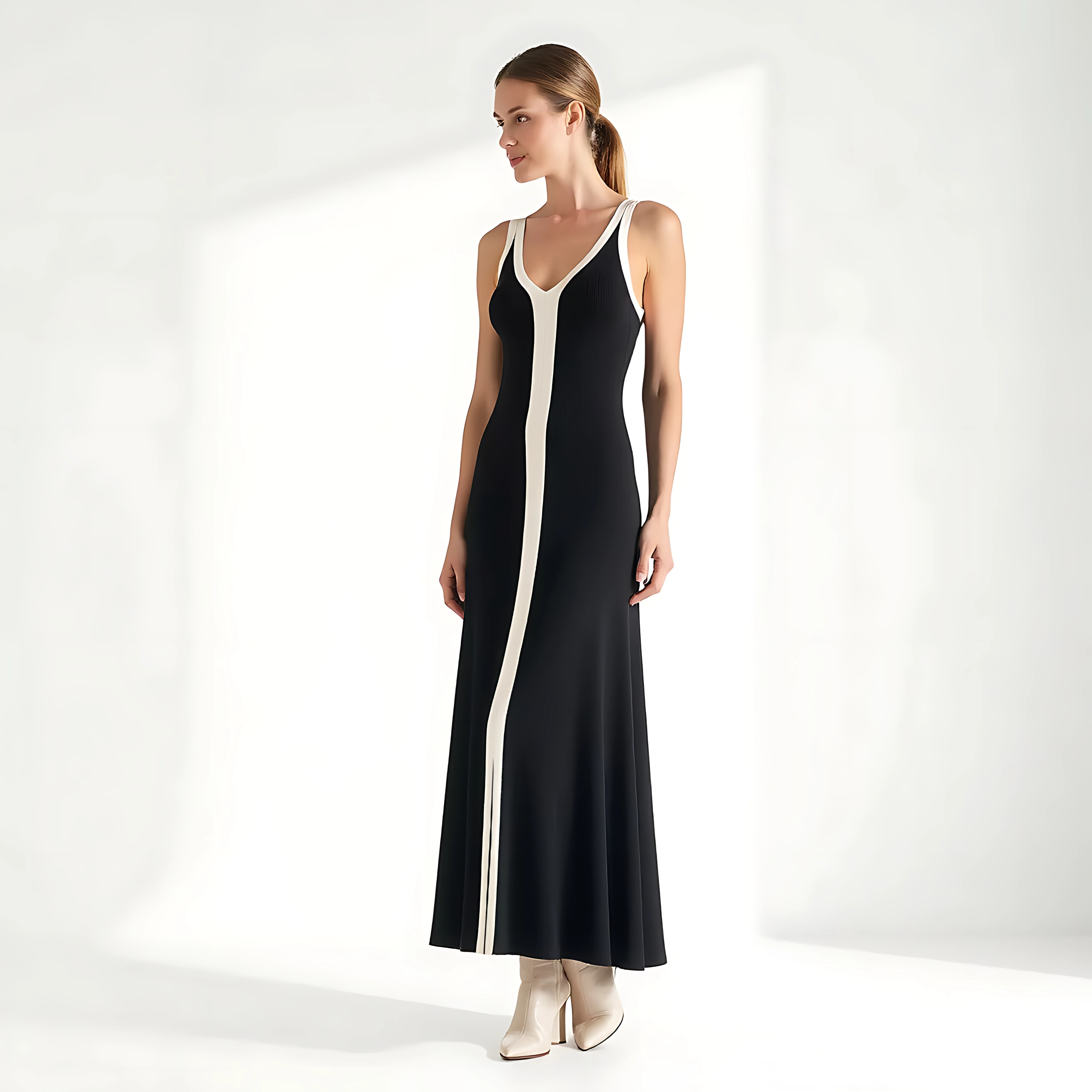 Elegant Contrast Maxi Dress with V-Neckline