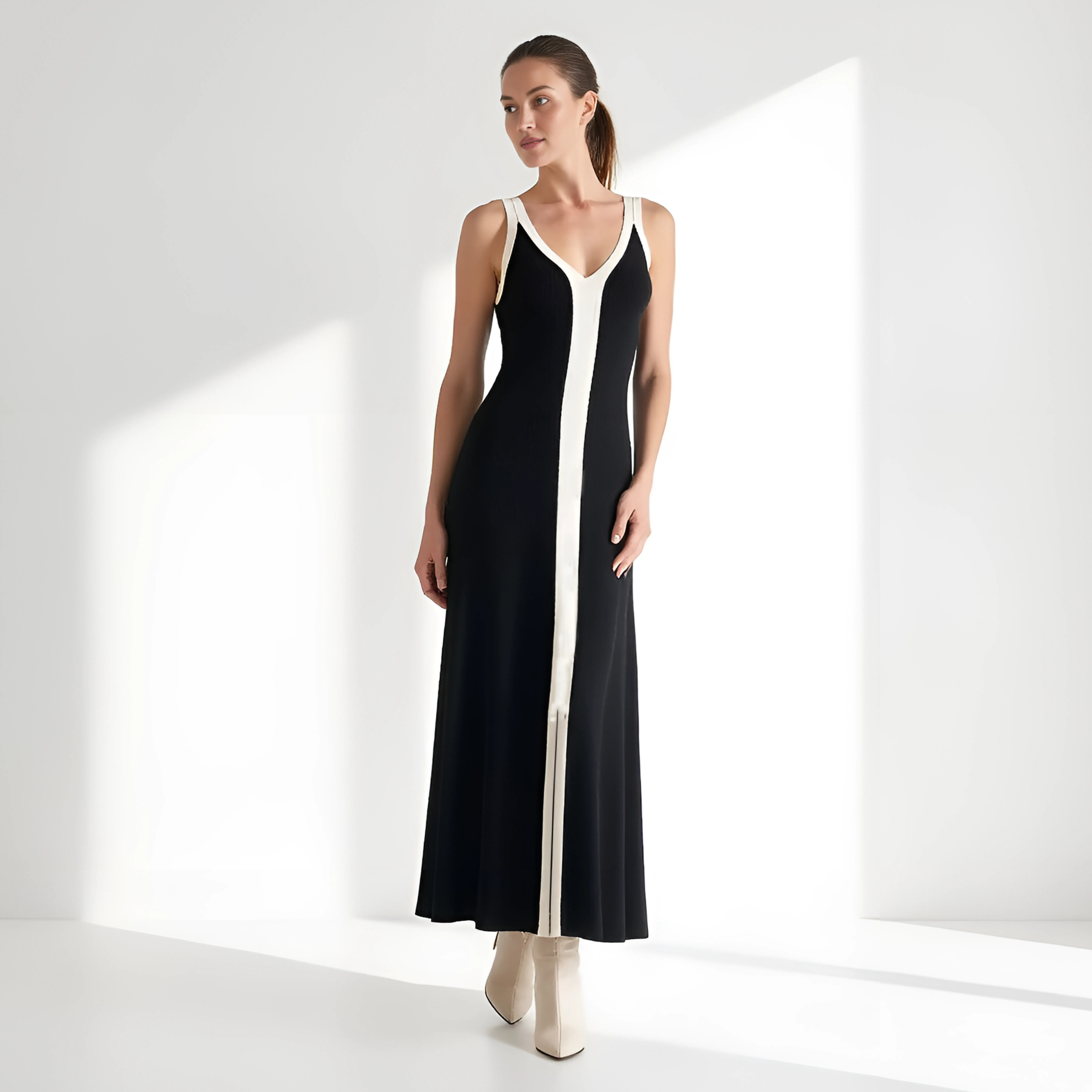 Elegant Contrast Maxi Dress with V-Neckline
